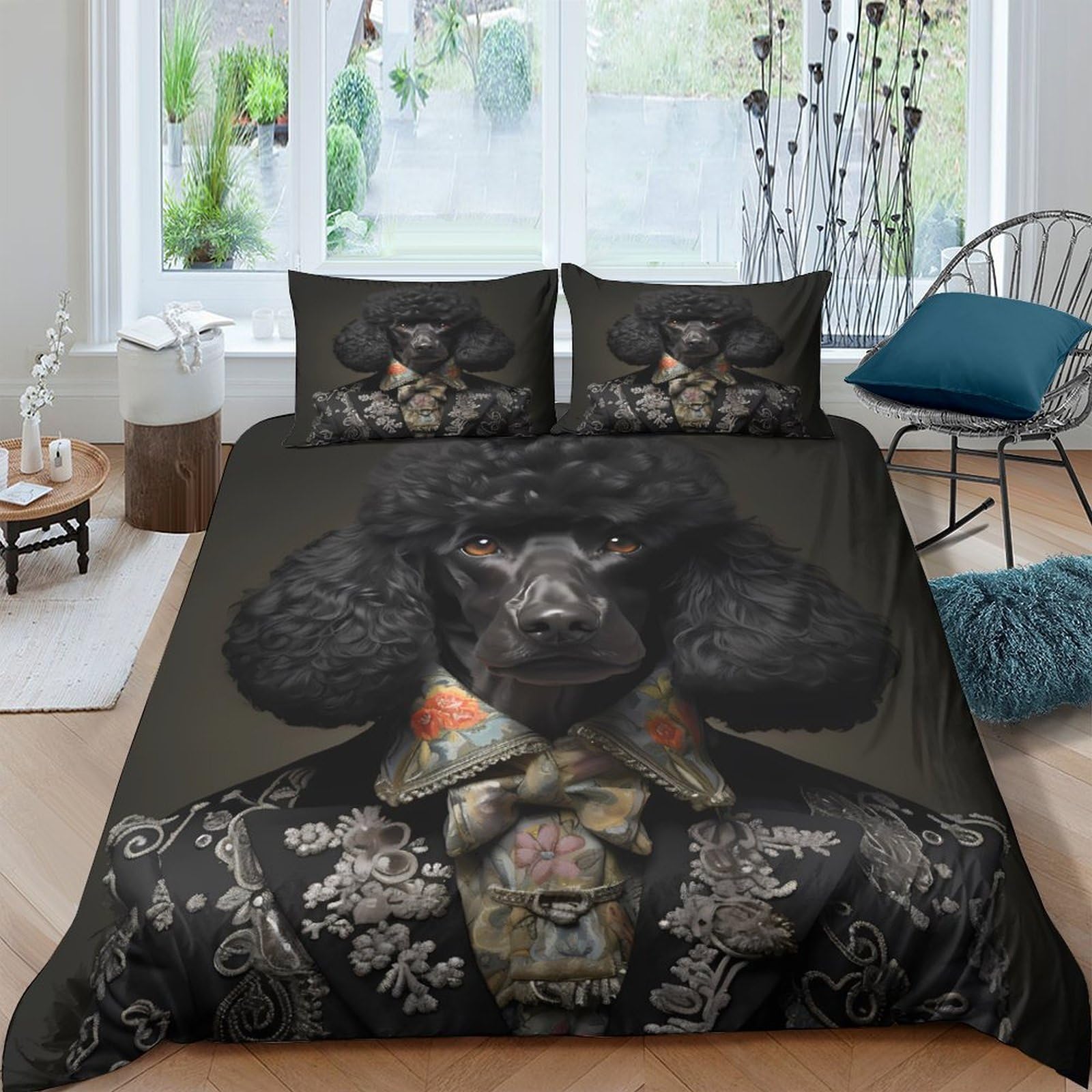 GPLZQXKJNH 3D Printed Noble Poodle Duvet Cover Microfiber Soft Breathable Baroque Black Quilt Cover Set with 2 Pillowcases for Bedroom Decor Single（135x200cm）