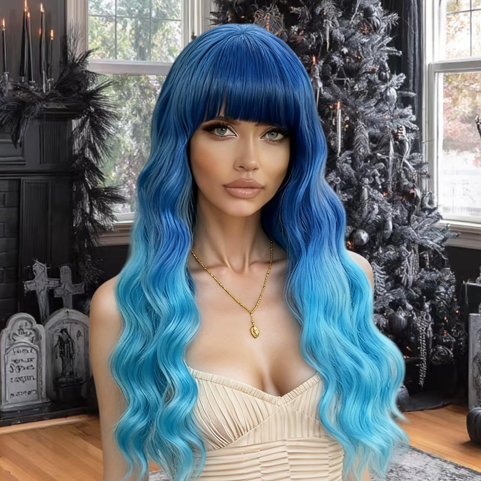 EVLYNN Blue Wig with Bangs Long Wavy Ombre Blue Wigs for Women Loose Wave Blue Heat Resistant Synthetic Wig Blue Curly Wig for Daily Party Cosplay 24