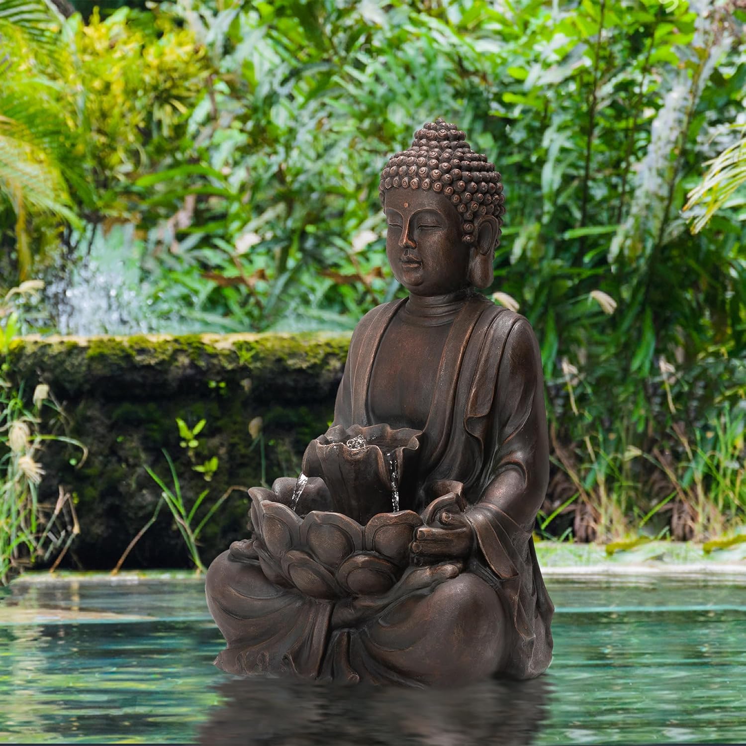 Glitzhome Buddha Fountain with Pump & LED Light, 2 Tier Zen Style Meditating Buddha Water Fountain Outdoor Fountains and Waterfalls Floor Fountains Buddhas Statues for Garden Patio Backyard 23.25" H