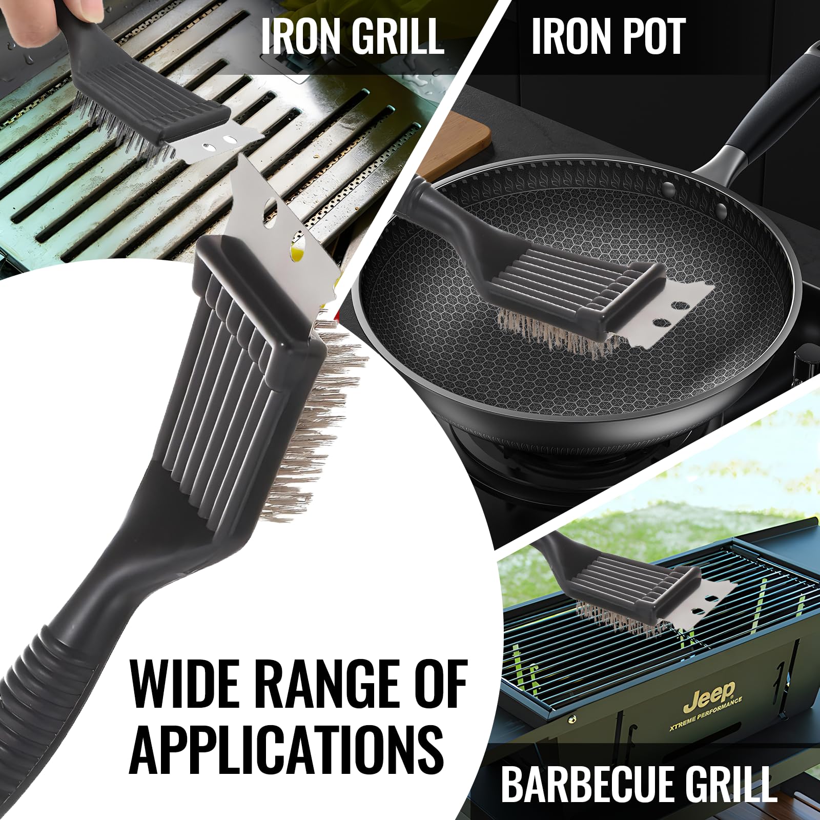 3 Pezzi Spazzola Barbecue,Spazzola Pulizia per Barbecue,Spazzole per Griglia ,Spazzola per Grill,Spazzola per barbecue acciaio inossidabile,Manico Isolante Extra Lungo per Pulire Griglia