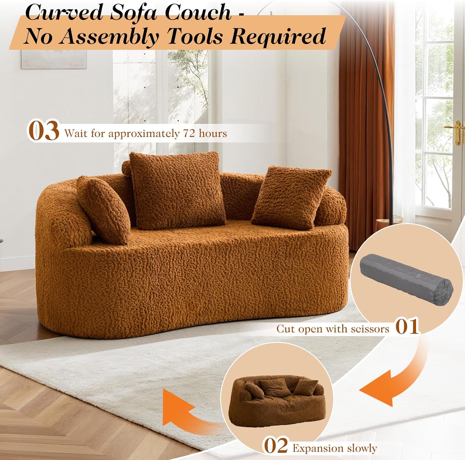 Curved Couch Loveseat Sofa, Luxury Deep Seat Loveseat Sofa Couch for Small Place, Modern Cloud Couch Floor Couch with 3 Pillows for Living Room & Bedroom, No Assembly Required(Brown)
