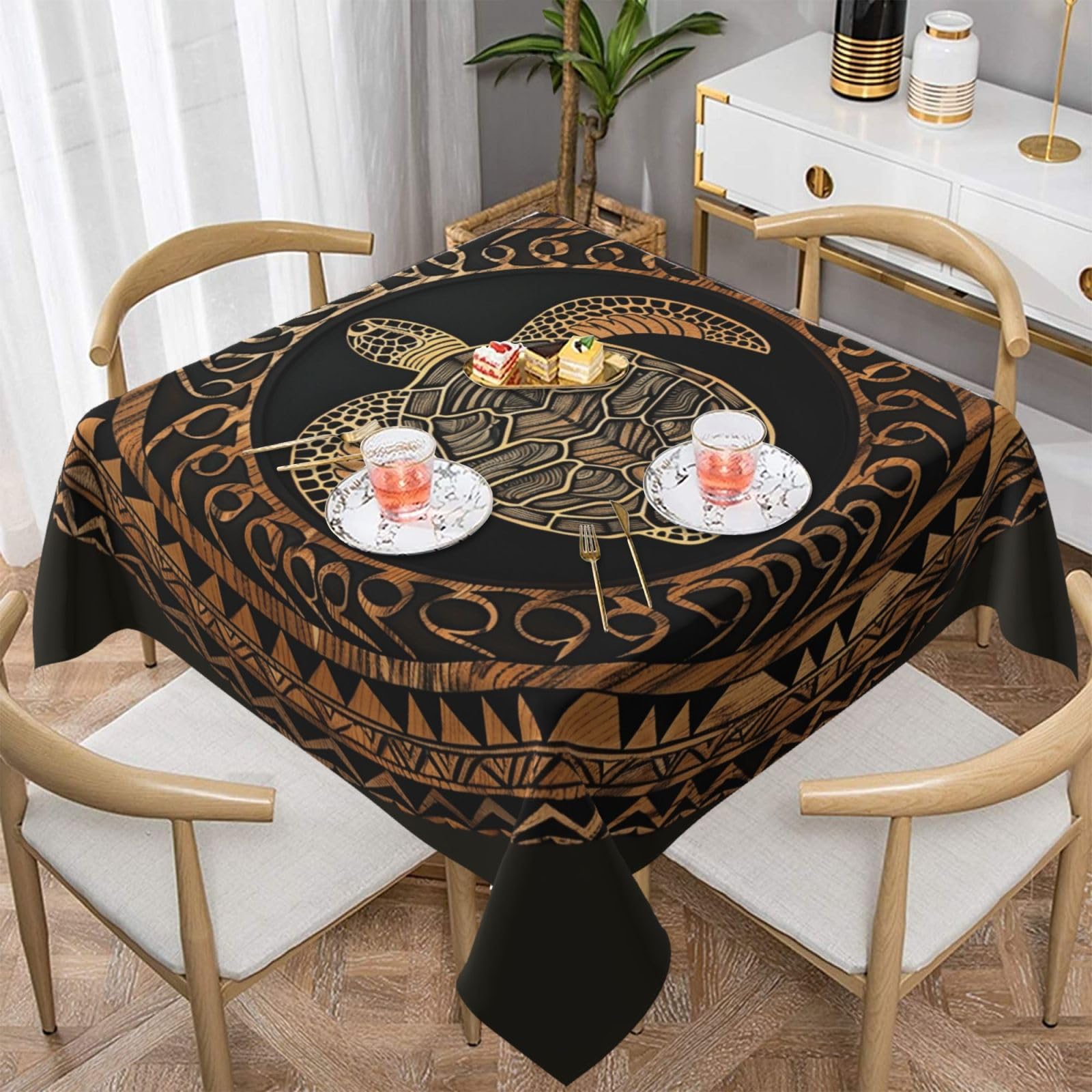 WPKJU Hawaiian Tapa Honu Turtle Printed Square Tablecloth 54x54 inch Water Resistant Table Cover Washable Rectangle Table Cloth for Dining Tables