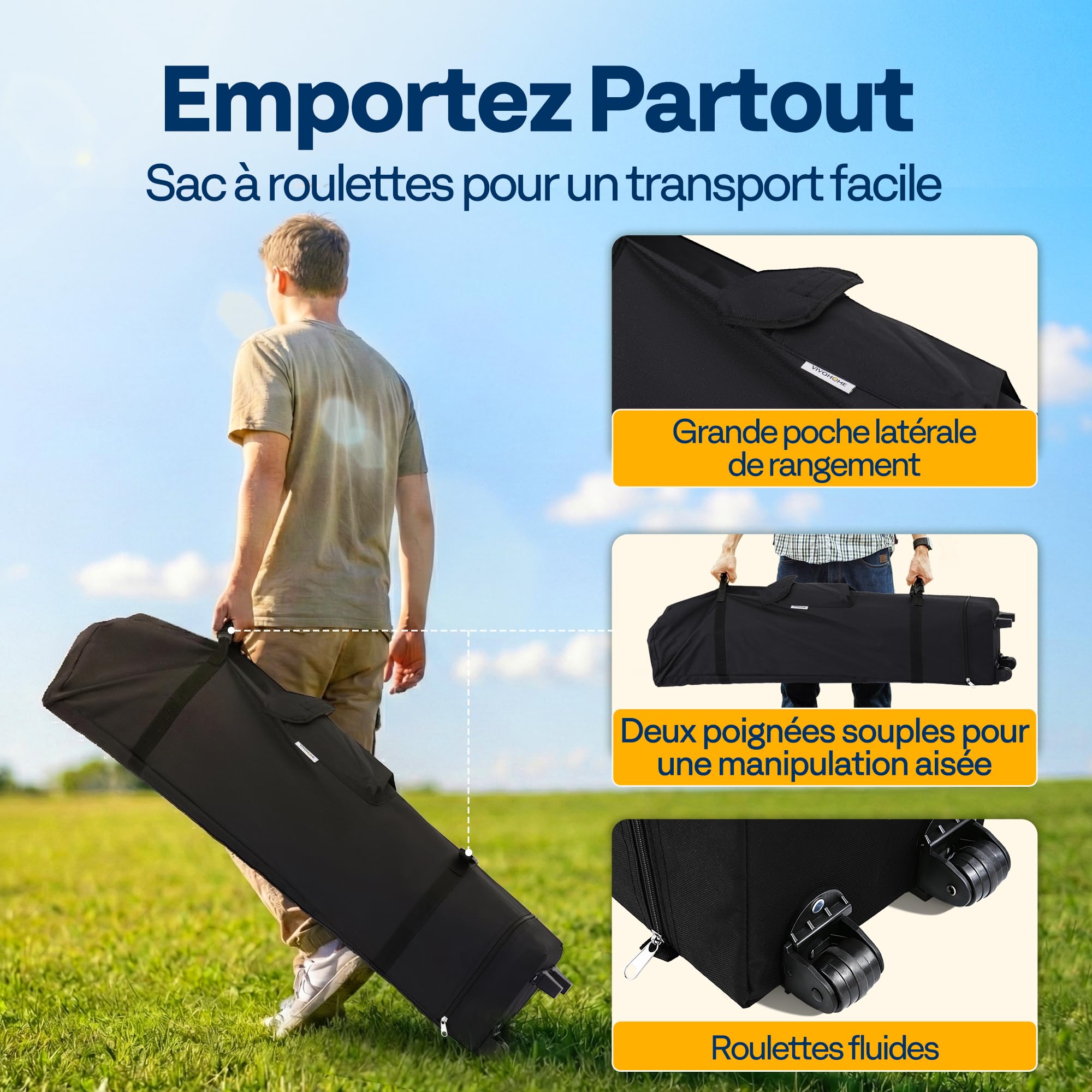 VIVOHOME Tente Pop-up Tonnelle 3 x 3 m Installation par Simple Pression Robuste avec Sac De Transport À roulettes Et 4 Sacs De Sable