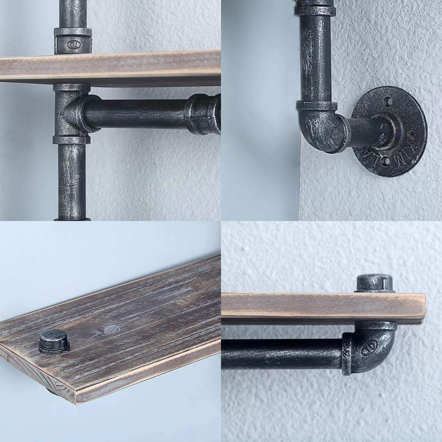 Lot De 3 étagères Murales Industrielles En Tuyau De Fer - Support D'étagère Vintage Rétro Noir