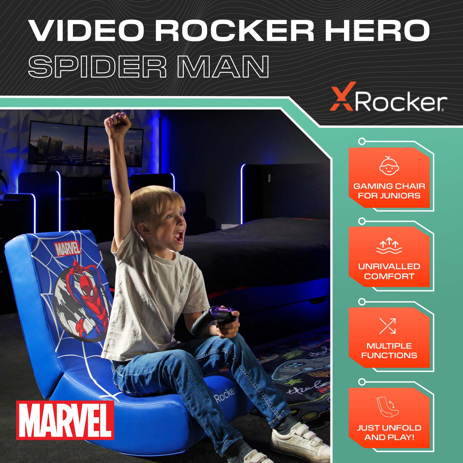 X-Rocker Chaise de jeu officielle Marvel Spider-Man Video Rocker pour garçons, siège à bascule pliable, avec licence Spiderman, siège de jeu en simili cuir, pour enfants Hero - Spider Man Edition BLEU