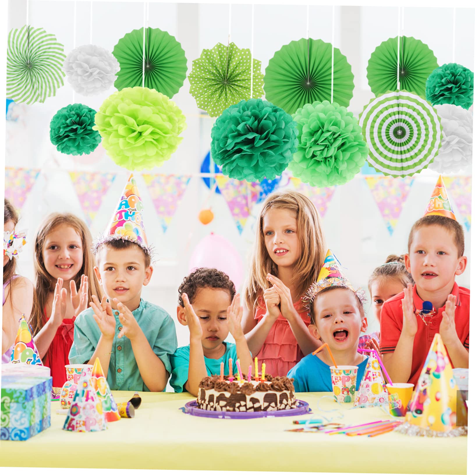 ABOOFAN 4 Sätze Teiliges Party Deko Set Grün Papierfächer Und Pompons Kombination Vielseitige Hängedekoration Für Hochzeit Geburtstag Babyparty Decke Fenster Und 14 Stück * 4