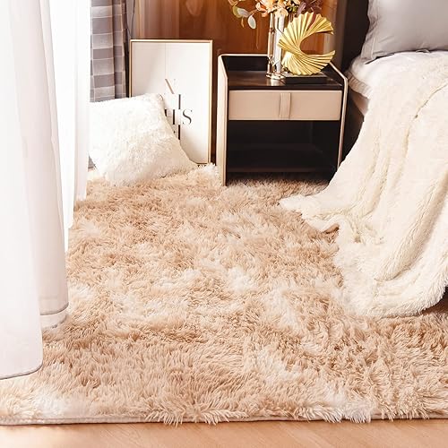 GONAAP Alfombra peluda de piel sintética esponjosa para niñas, dormitorio, sala de estar, decoración del hogar (beige-blanco, 4 x 5.3 pies)