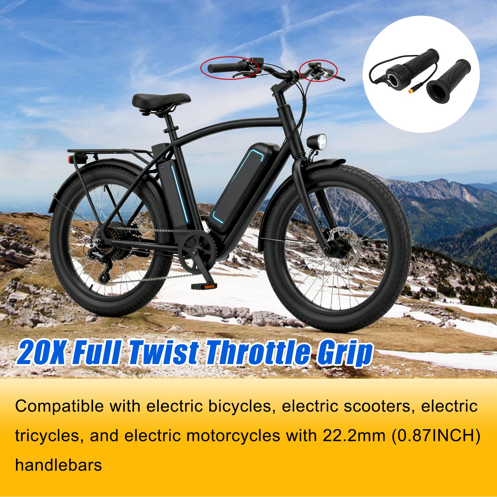 PSLER 20X Full Twist Throttle Grip for EBike,12V-72V 3 Pin E-Bike Throttle for 22.2mm Handlebar Electric Bike Scooter Motorcycle with Waterproof Connector — view 2