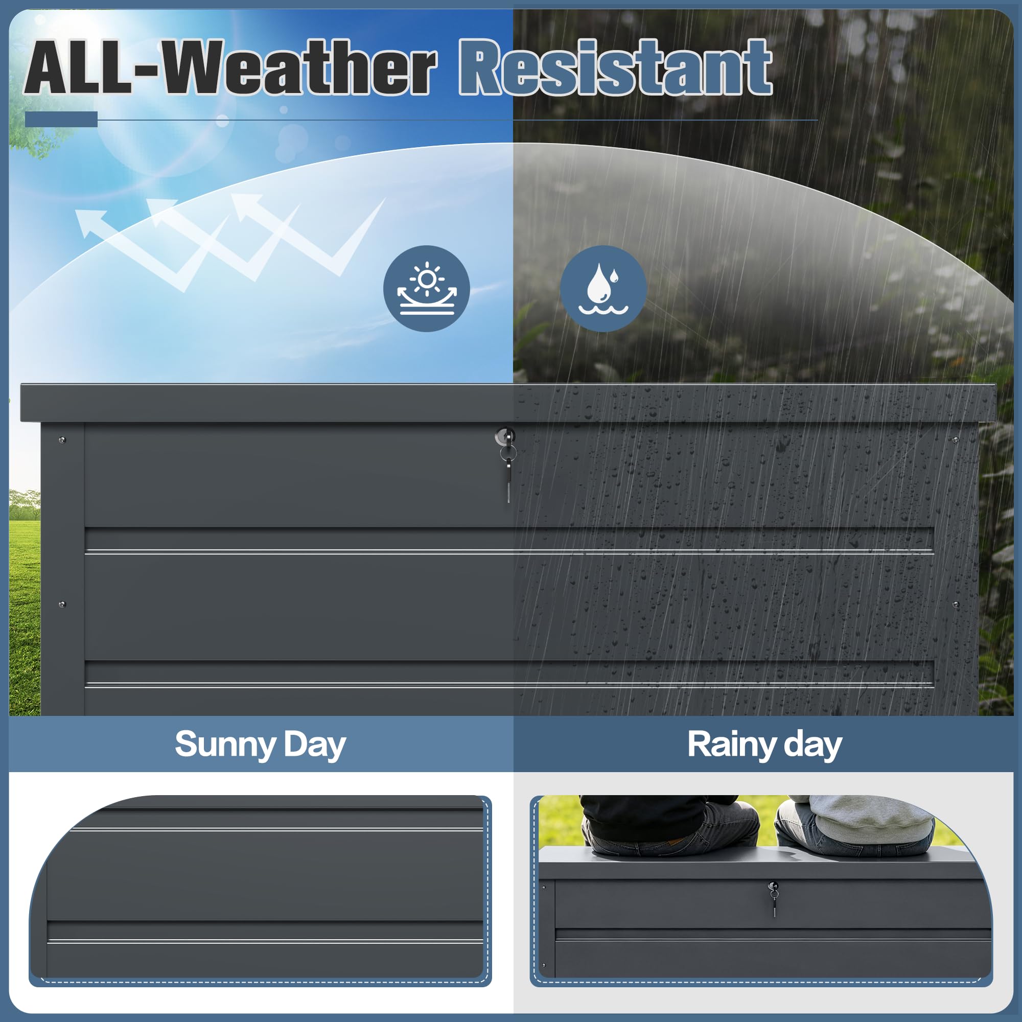 Gartenbox aus Metall mit Rädern und Schlössern 656L | Outdoor Kissenbox für den Garten mit Rostfeste Beschichtung | Outdoor Aufbewahrungsbox/Auflagenbox wasserdicht für Kissen - 158x63x66cm