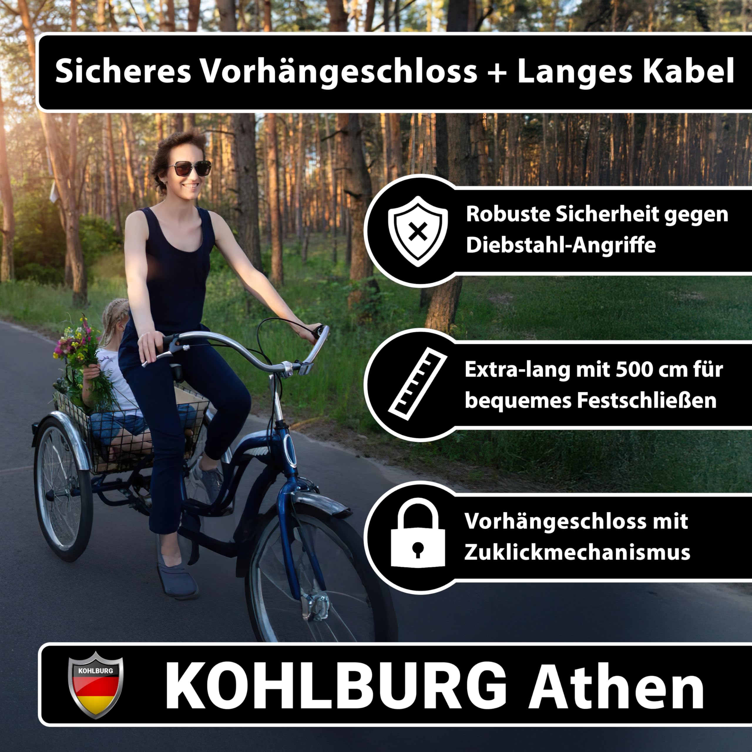 KOHLBURG Kabelschloss 5m lang - Schloss einfach ohne Schlüssel abschließbar - Stahlseil 5 Meter für Fahrrad mit Klettverschlüssen - Stahlkabel 500 cm für Gartenmöbel & als Fahrradschloss