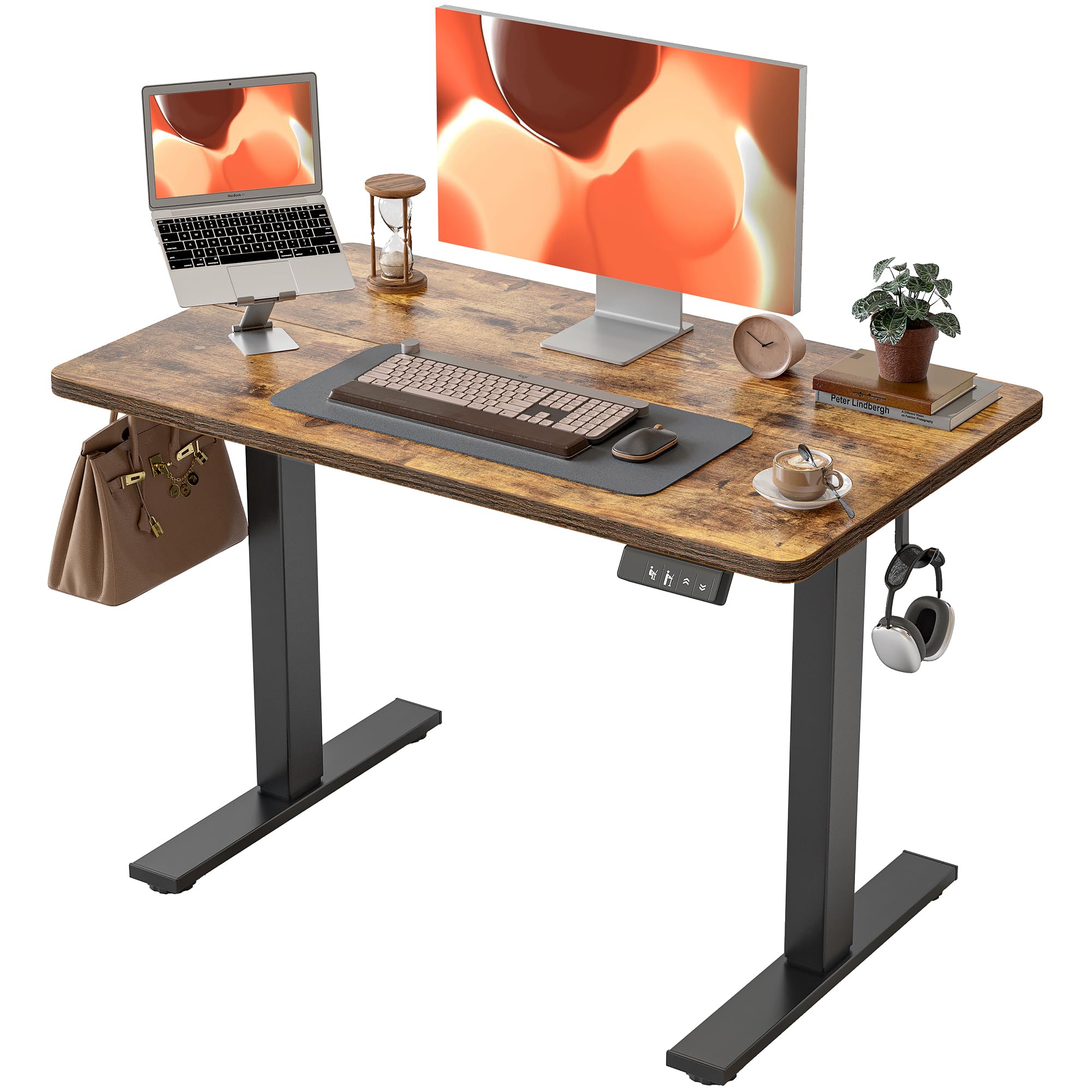 TIQLAB Height Adjustable Electric Standing Desk, 40 x 24 inch, Sit Stand Up Desk, Splice Board, Computer Home Office Desk, Rustic Brown Top