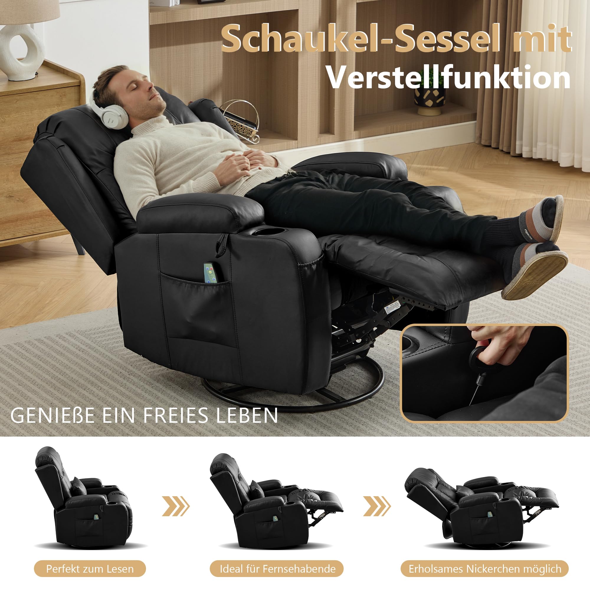 Relaxsessel mit Liegefunktion, Massagesessel mit Wärmefunktion, 360° Drehbarer Fernsehsessel Wohnzimmer, Schaukelstuhl mit Kissen/Seitentaschen/Getränkehalter (Schwarz)