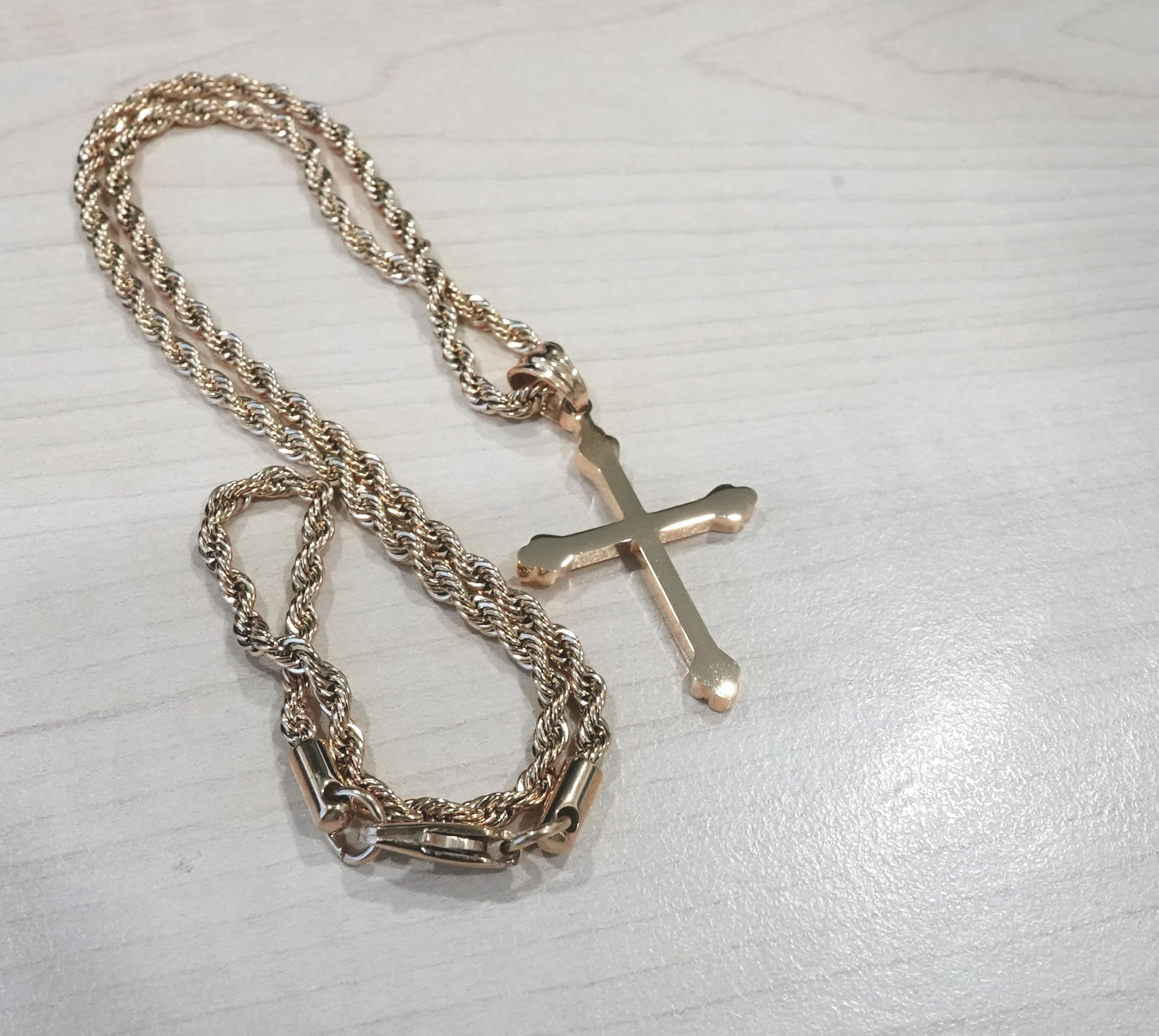 18K Small Gold Cross Necklace Pendant Charm with 3MM Rope Chain Gift for Men Women Husband Wife Baptism Religious w/real strong Solid Clasp Fashion Jewelry