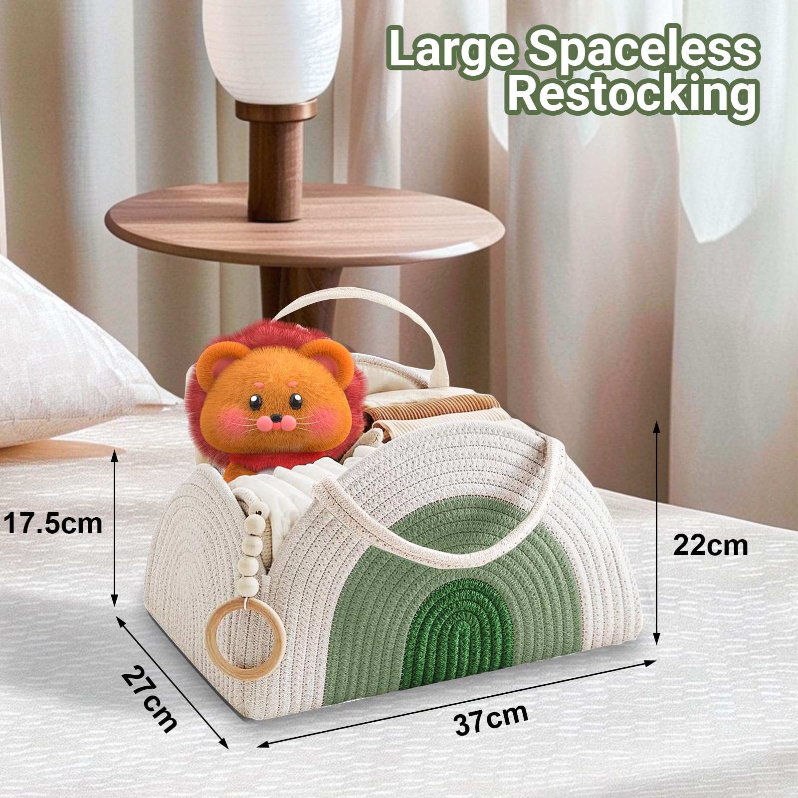 Organizer per fasciatoio, corda di cotone, organizer con divisorio, cestino portatile per pannolini per bambini, regalo per baby shower (bianco e verde)