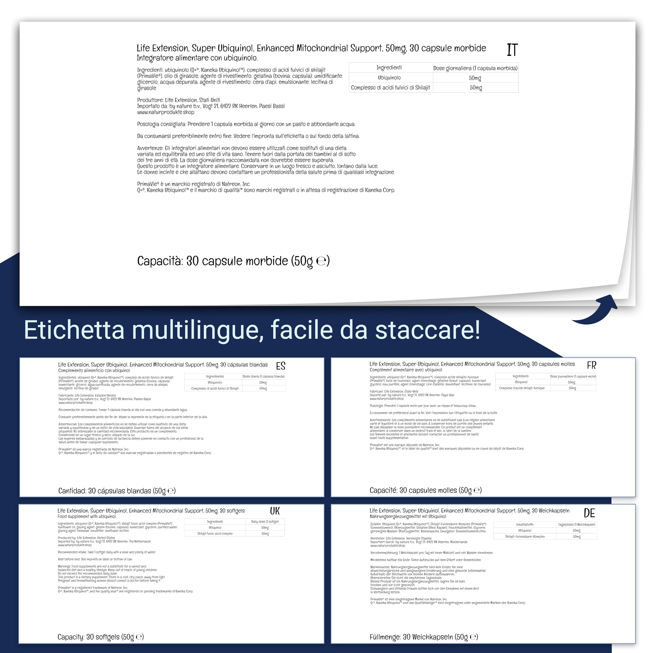 Life Extension, Super Ubiquinol, Enhanced Mitochondrial Support, 50 mg, Kaneka-Ubiquinolo, 30 Capsule molli, Testato in Laboratorio, Senza Glutine, Senza Soia, Non OGM