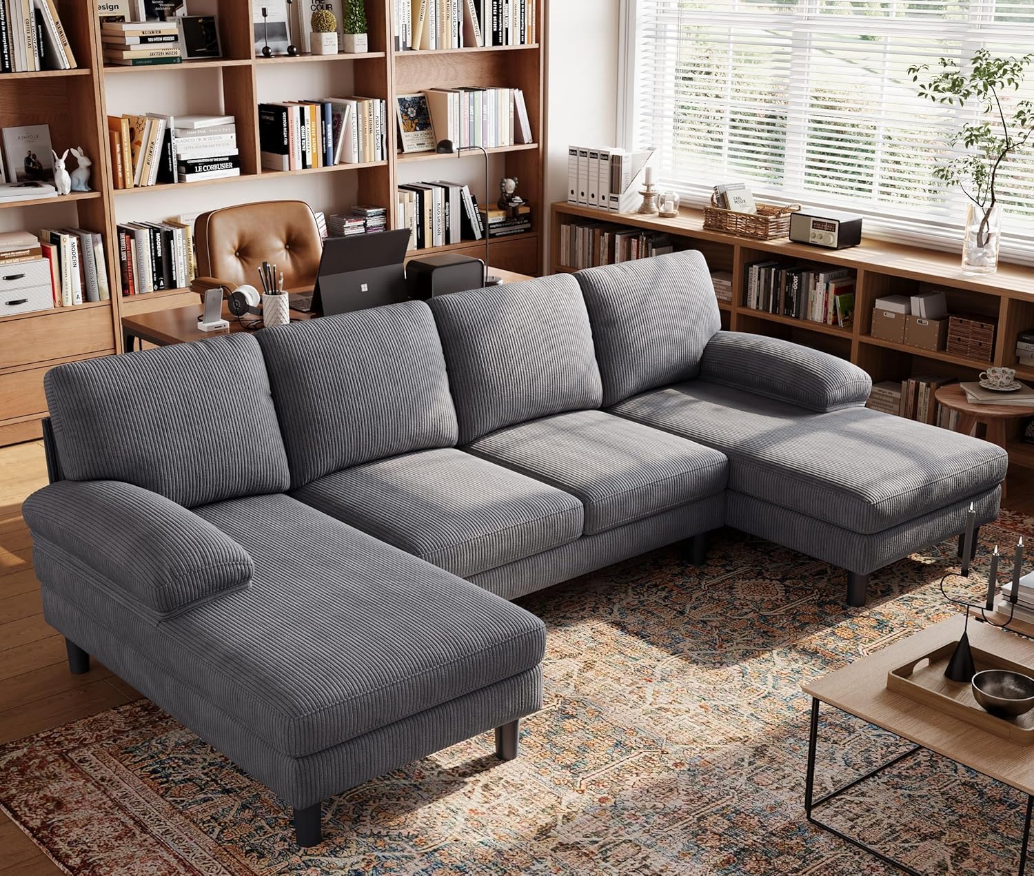 Photo 1 of ****PARTIAL SET, MISSING PARTS ***** LINSY HOME Sectional Couch, 105'' W Corduroy U Shaped Sofa with Sleepable Armrests, 4 Seat Couch with Double Chaises, Deep Sofa for Living Room?Grey?