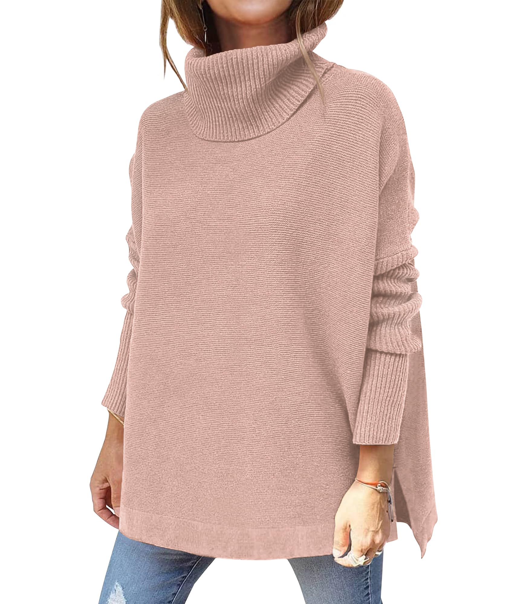 Hormtaer Pullover Damen Winter Rollkragenpullover Oversized Strickpullover Grobstrickpullover (Rosa, XL)