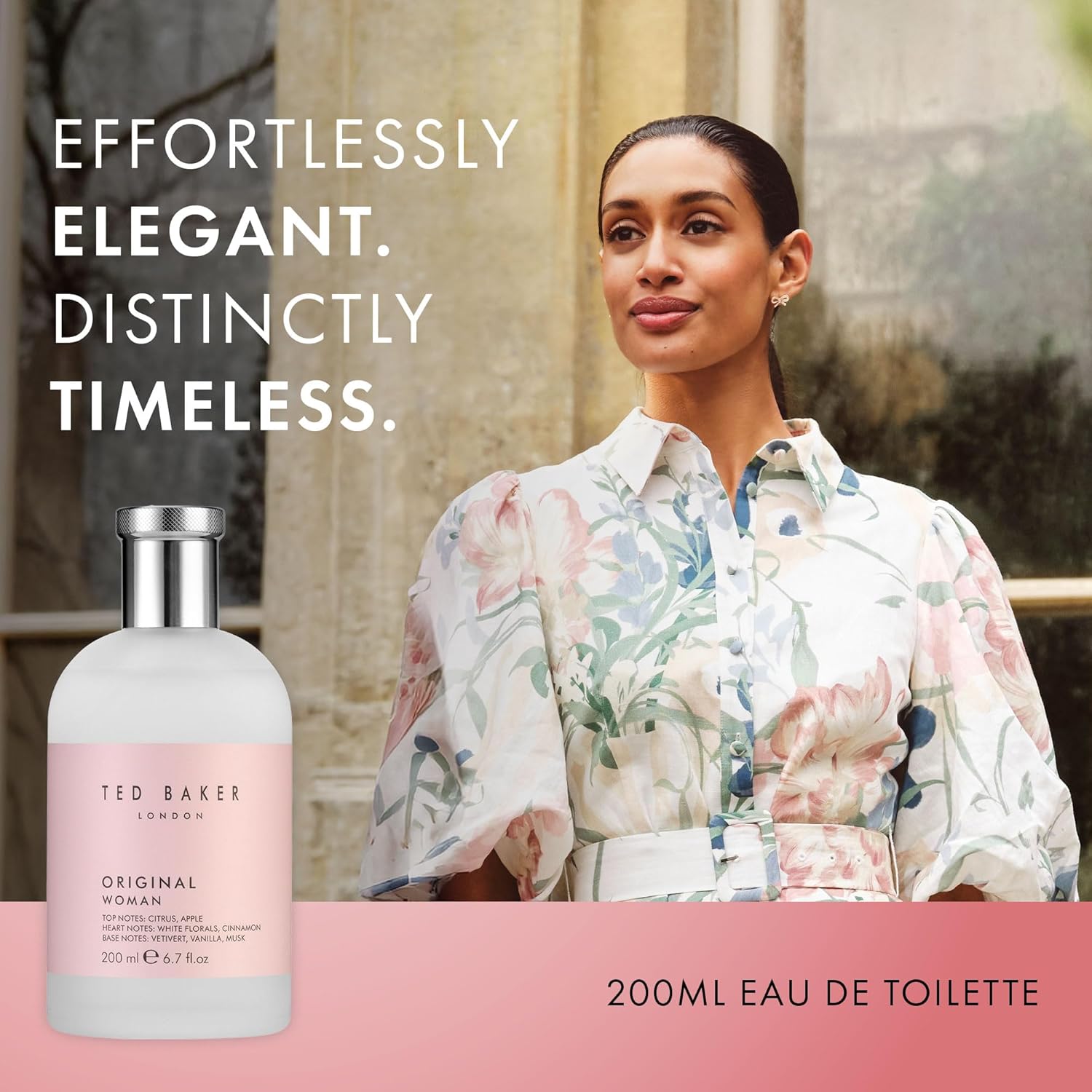 Ted Baker Woman Pink EDT, floral green feminine fragrance, opening notes are fresh peach, bergamont and tangerine with warm musk, vanilla and vetiver base notes, 6.76 fl oz