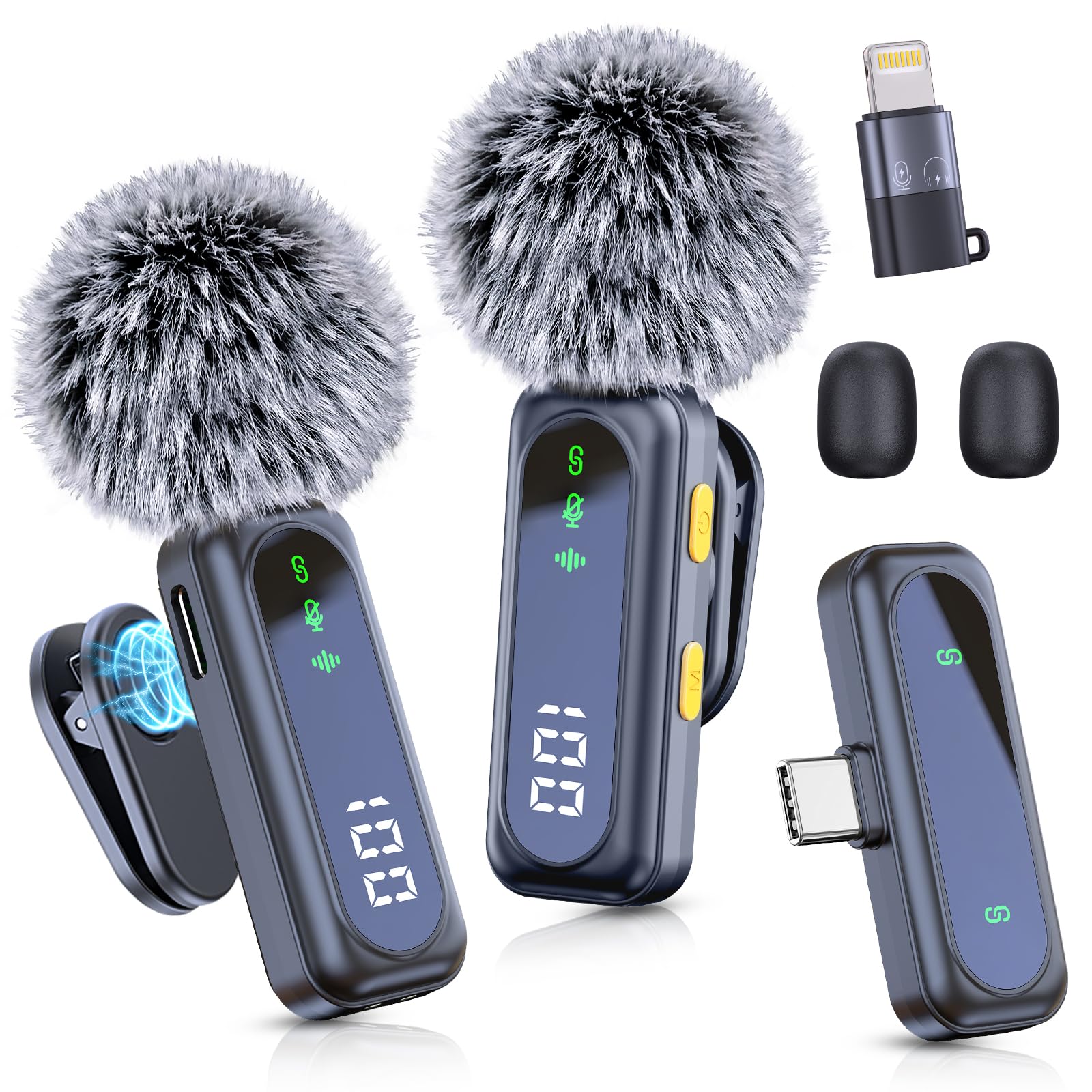 Wireless Lavalier Microphone for iPhone 15 16, iPad, Android, 2 Pack LED Display Mini Microphones with Noise Reduction, Lapel Microphone Mini Mics for Video, Vlog, Tiktok, YouTube