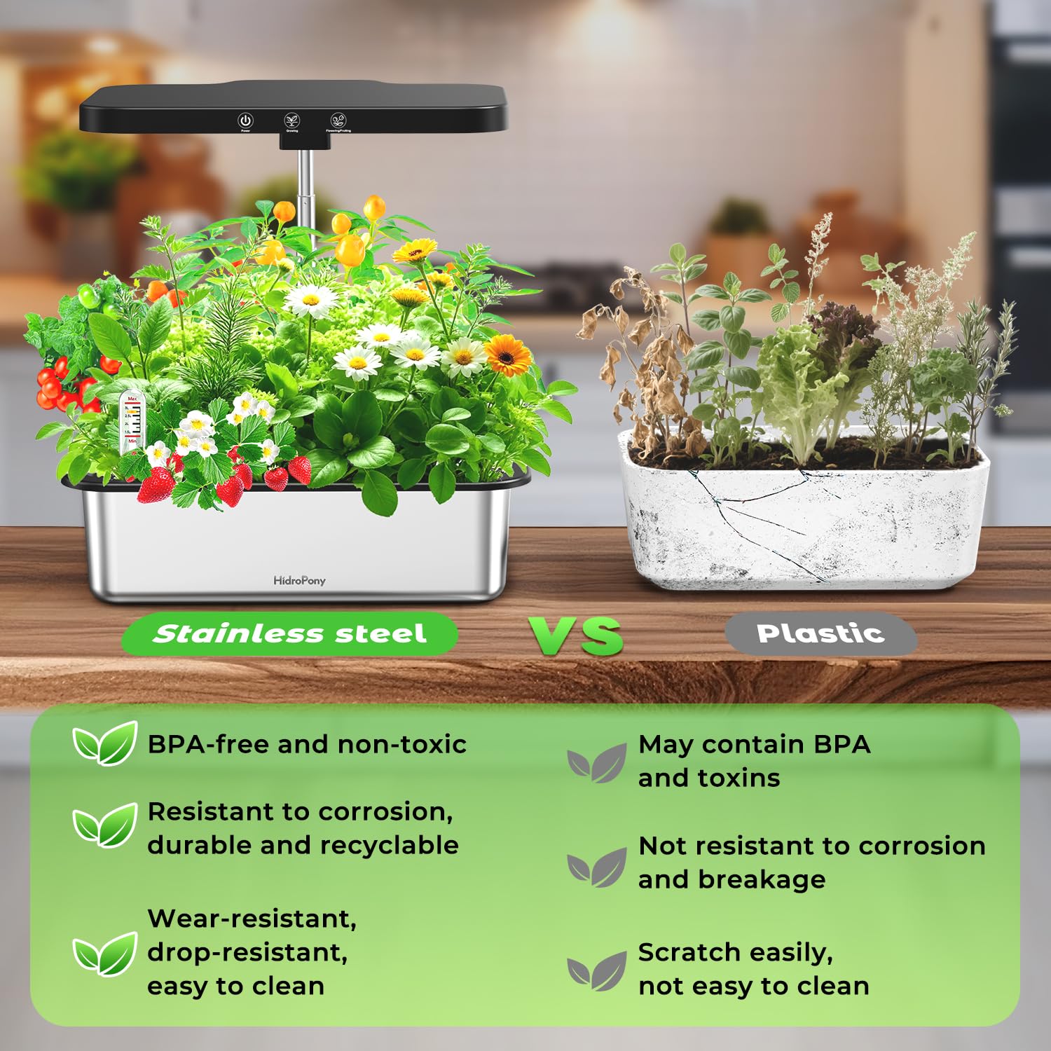 Kit sistema di coltivazione idroponica in acciaio inossidabile per giardino interno: 15 baccelli da giardino con luce a spettro completo da 24 W, sistema di giardinaggio idroponico con pompa