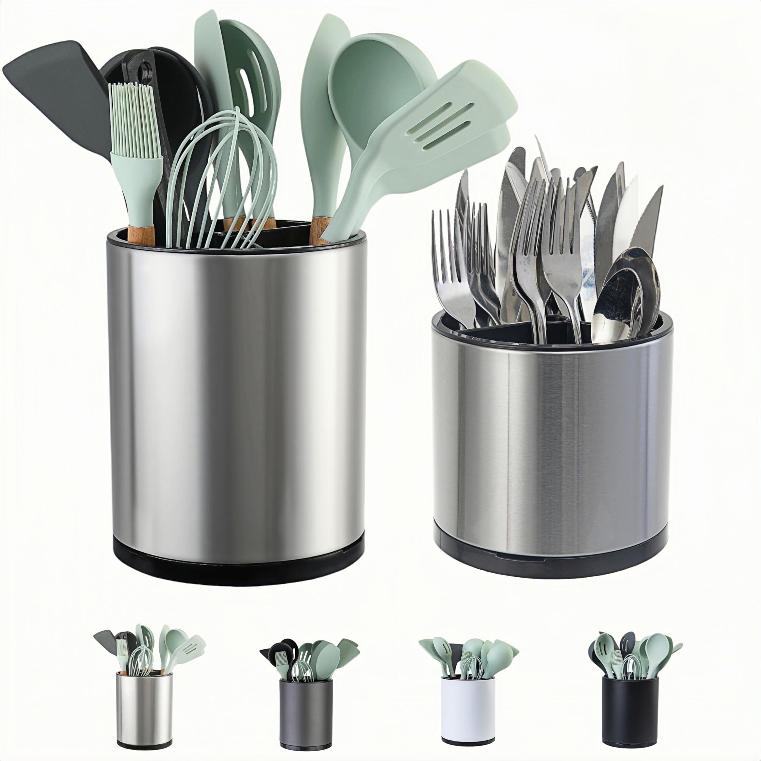 LIBODOUR Utensil Holder,Extra Large Utensil Holder for Kitchen Counter, Silverware Organizer, Stainless Steel Storage Cooking Caddy Flatware Spoon Spatula Tool Cutlery Container(2 Set)