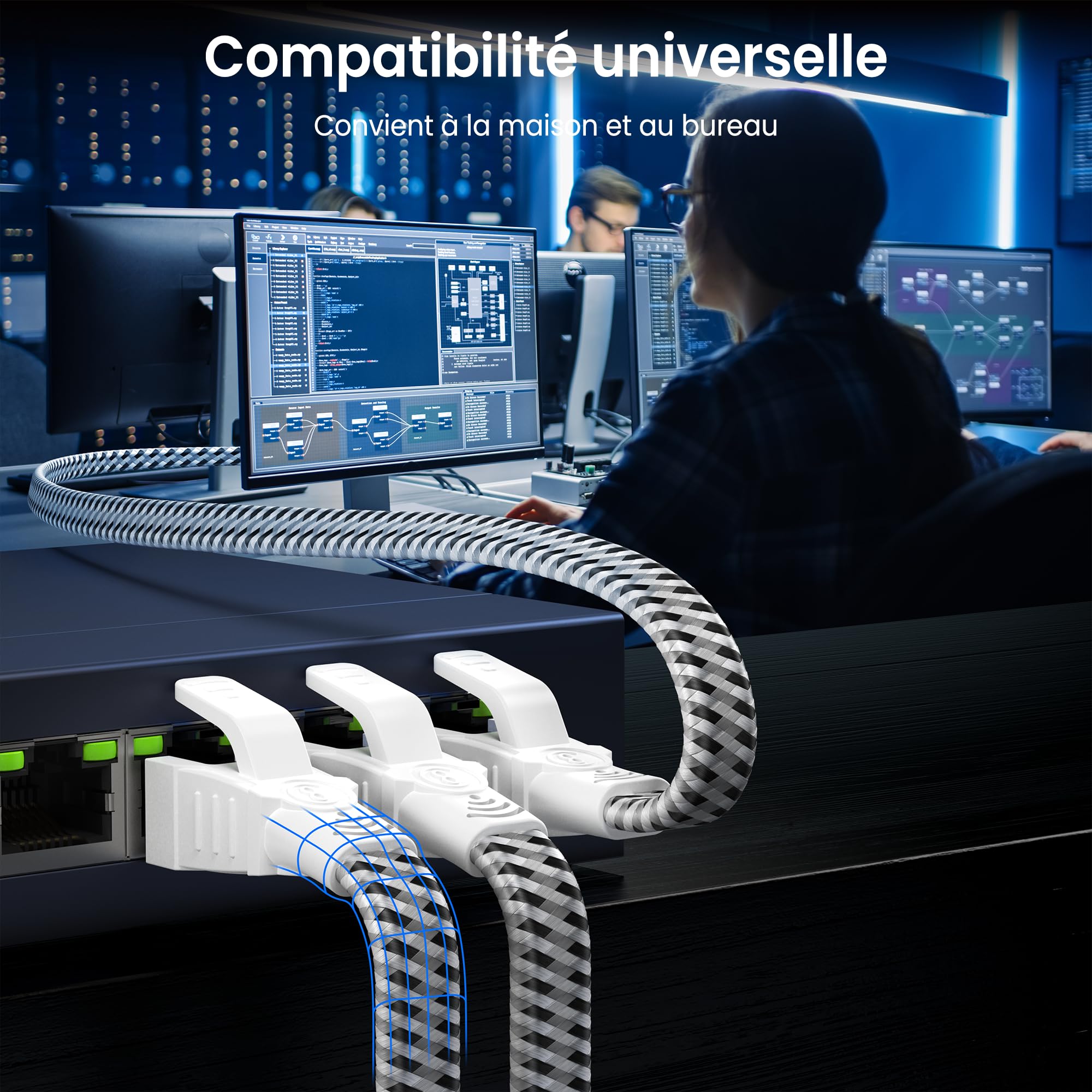 Digoloan Câble Ethernet réseau Cat 8 RJ45 20m Câble Internet Plat en Nylon 40Gbps 2000MHz Cordons de raccordement Gigabit blindés haute vitesse