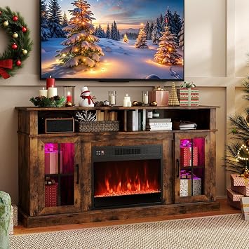 ORALNER 58-Inch Electric Fireplace TV Stand with 24 Electric Fireplace, 9 Flame Colors, 16 Lighting Colors, Storage, Modern Entertainment Center for TVs up to 65 Inches, 1400W Rustic Brown