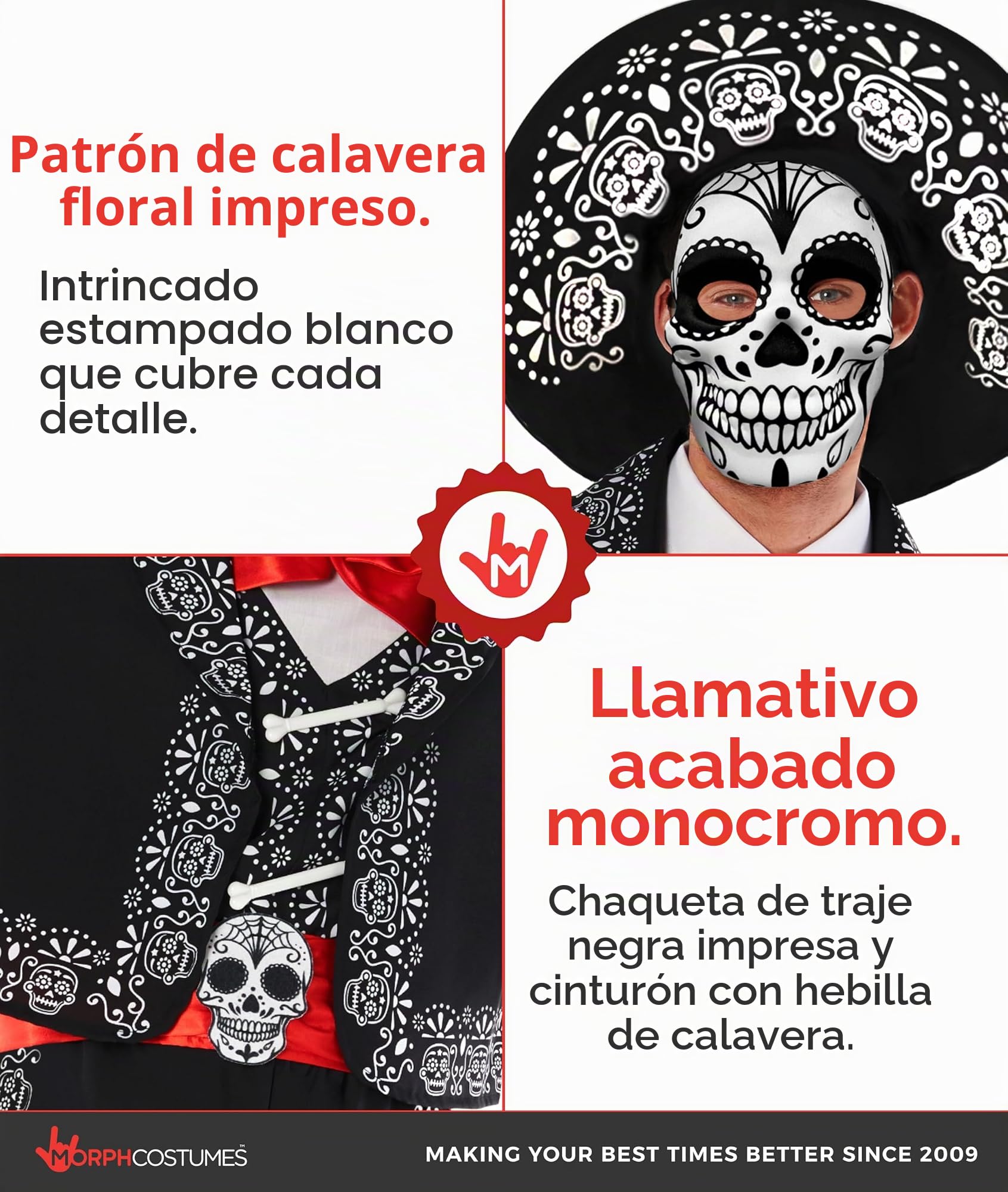 Morph Disfraz Catrina Mariachi Hombre Día Muertos Esqueleto Chaqueta Chaleco Pantalón Sombrero Máscara Calavera