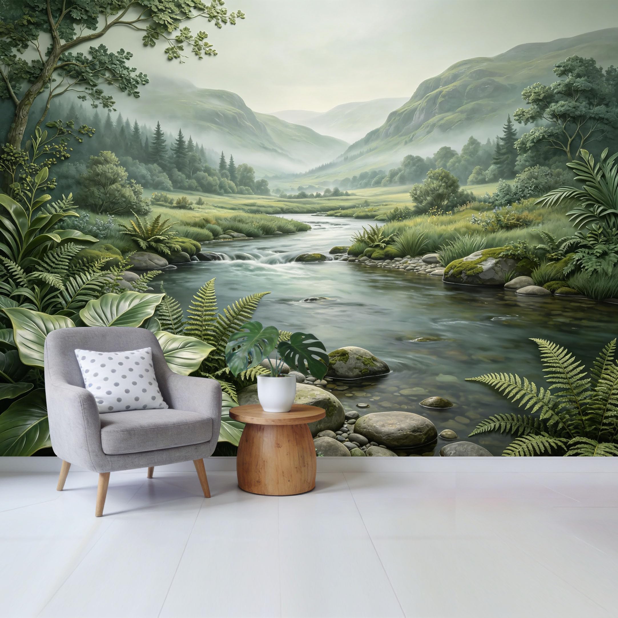 Qzlithotic Yq2605250871 Custom Size Wall Mural Misty Mountain River Landscape Botanical Tropical Fern Forest Scenery Selfadhesive Wall Fabric Removable Wallpaper For Home Office Decor