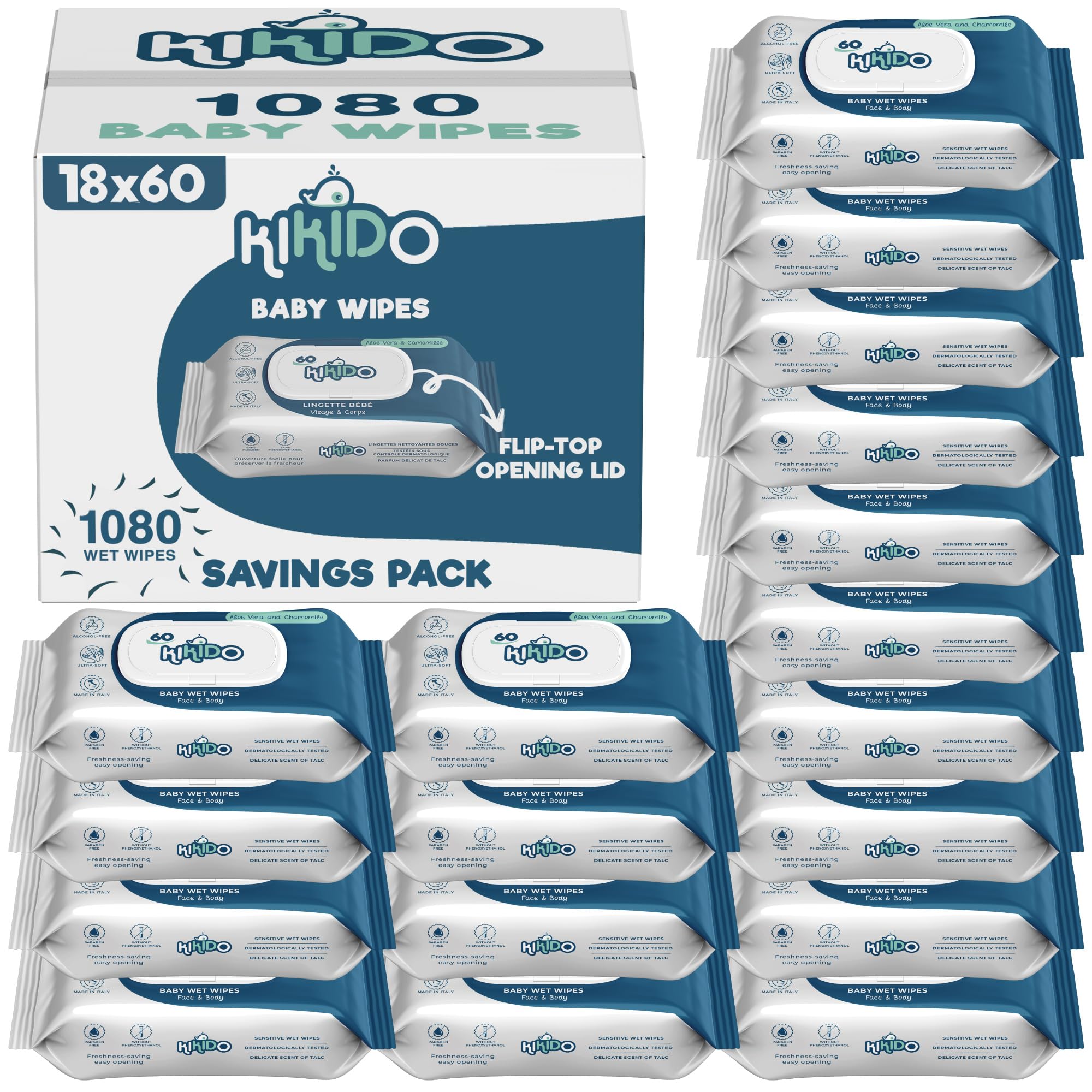 Kikido Baby Wipes - 1080 Wet Wipes (Multipack Box with 18 Packs of 60) - Safe for Nappy Changing, Face and Hands - Gentle & Soft Wipe with Natural Ingredients