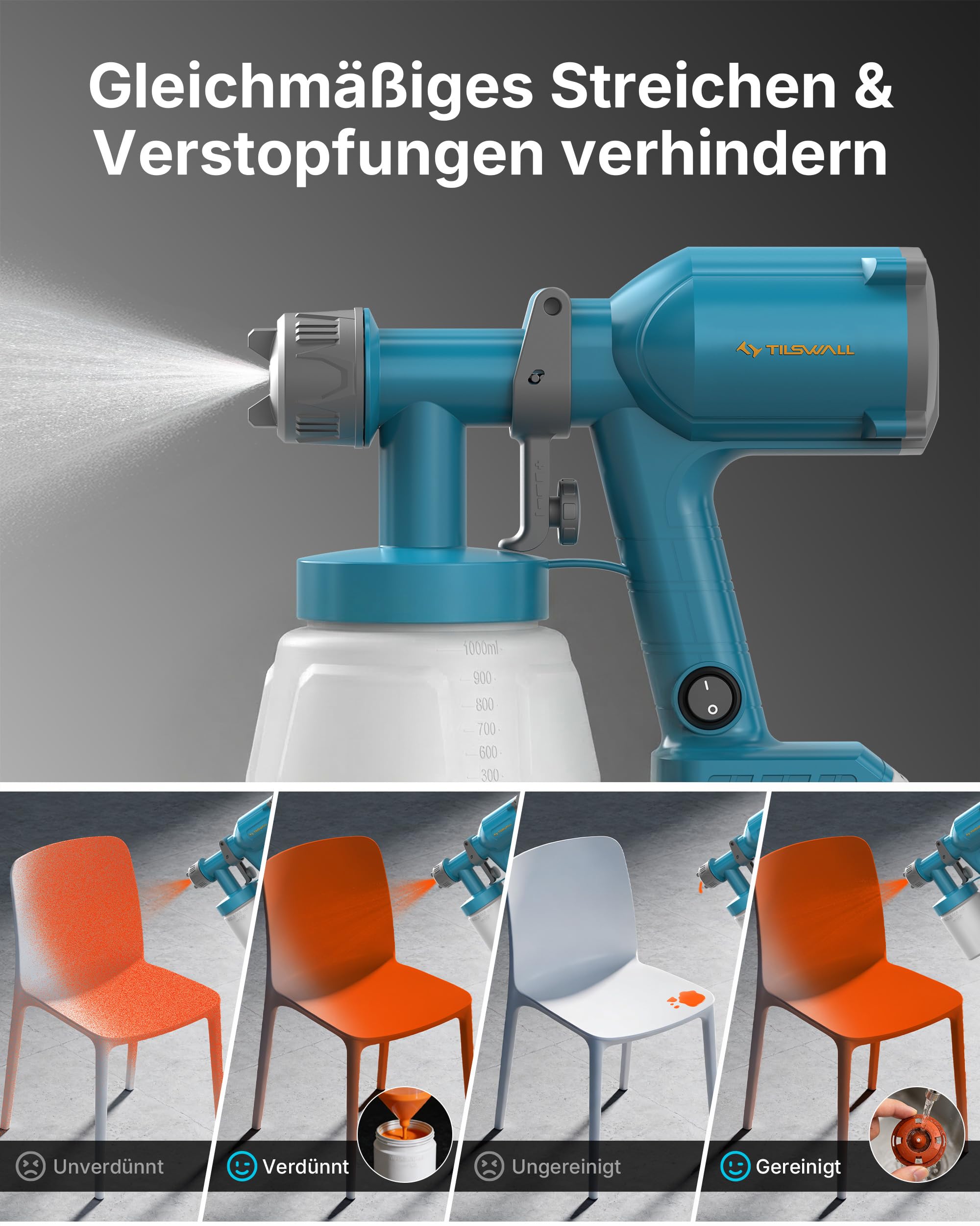 Tilswall Farbsprühsystem Akku, Lackierpistole mit 1000ml Tank, Für Makita & Dewalt 18V Akku (Ohne Akku), Farbsprühgerät 2 Düsen & 3 Sprühmustern, Kabellose Paint Spray Gun Für Wand & Holz