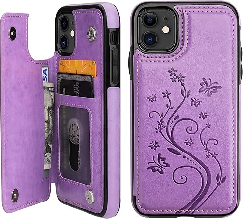 Miniatura 7 de Vaburs Funda tipo cartera para iPhone 11 con tarjetero, diseño de mariposa en relieve de piel sintética de alta calidad, doble botones magnéticos, a