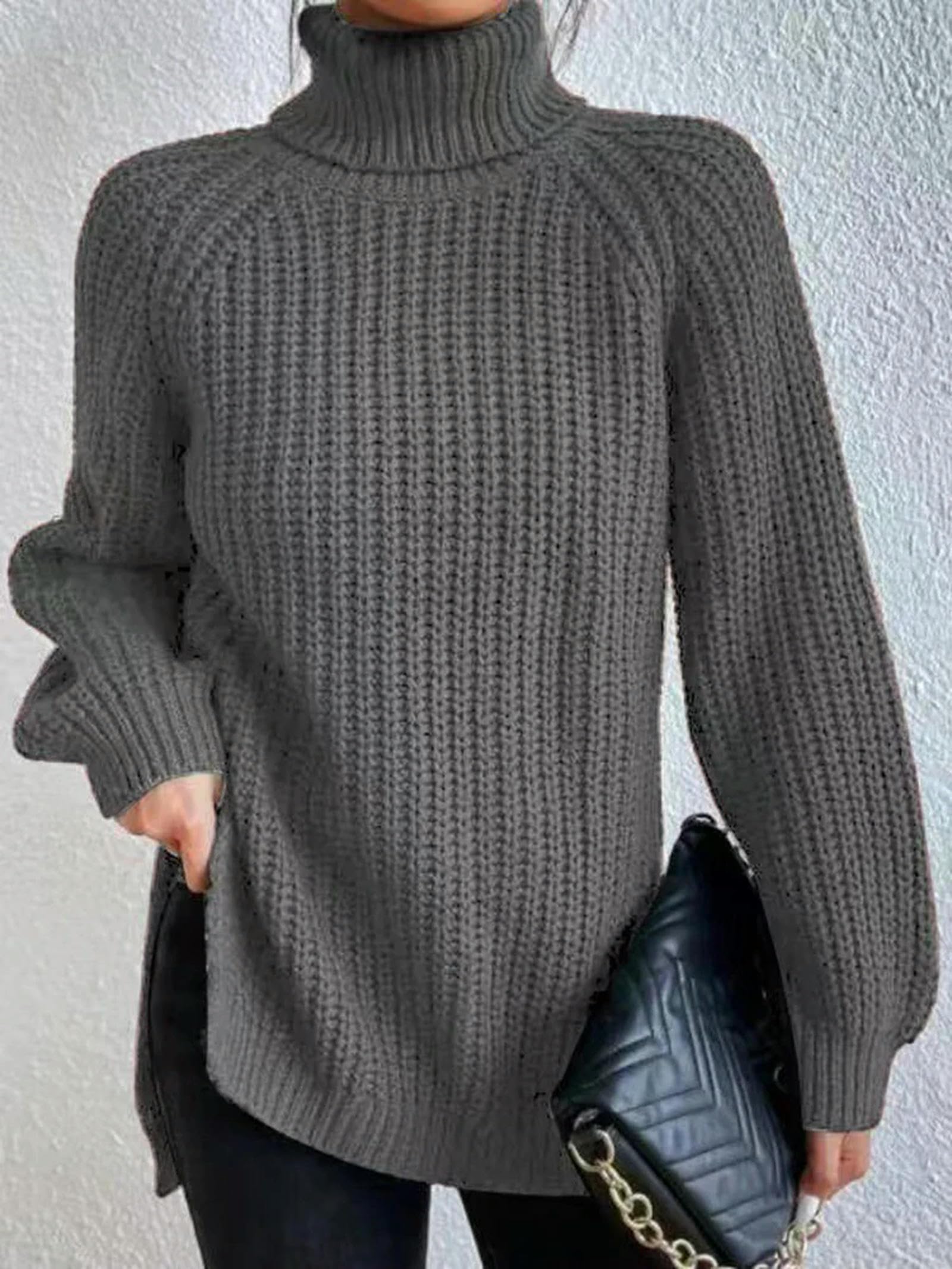 Sweter dla kobiet jesień zima luźny długi rękaw golf sweter damski jednolity kolor miękki sweter z dzianiny średniej długości