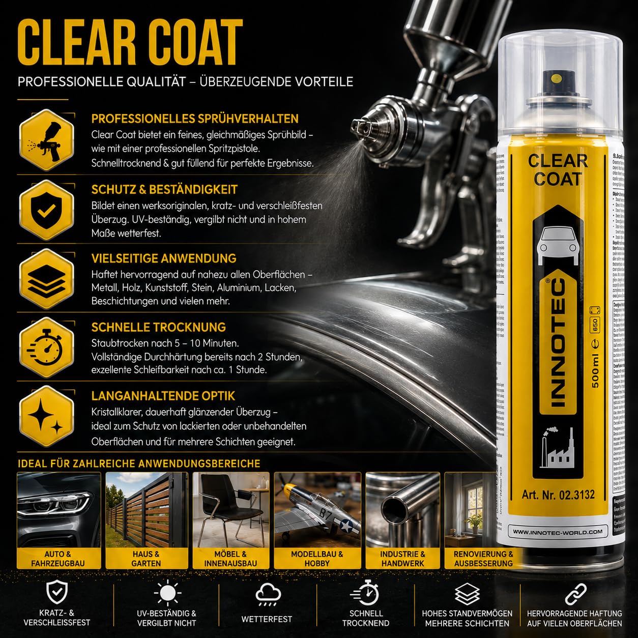 4 Stück Innotec Klarlack Clear Coat - transparent glänzend - für ein glänzendes Finish - zum Fixieren und Schützen der Lackierung - Klarlack Spray - glänzender Autolack - schnelltrocknende - 500ml