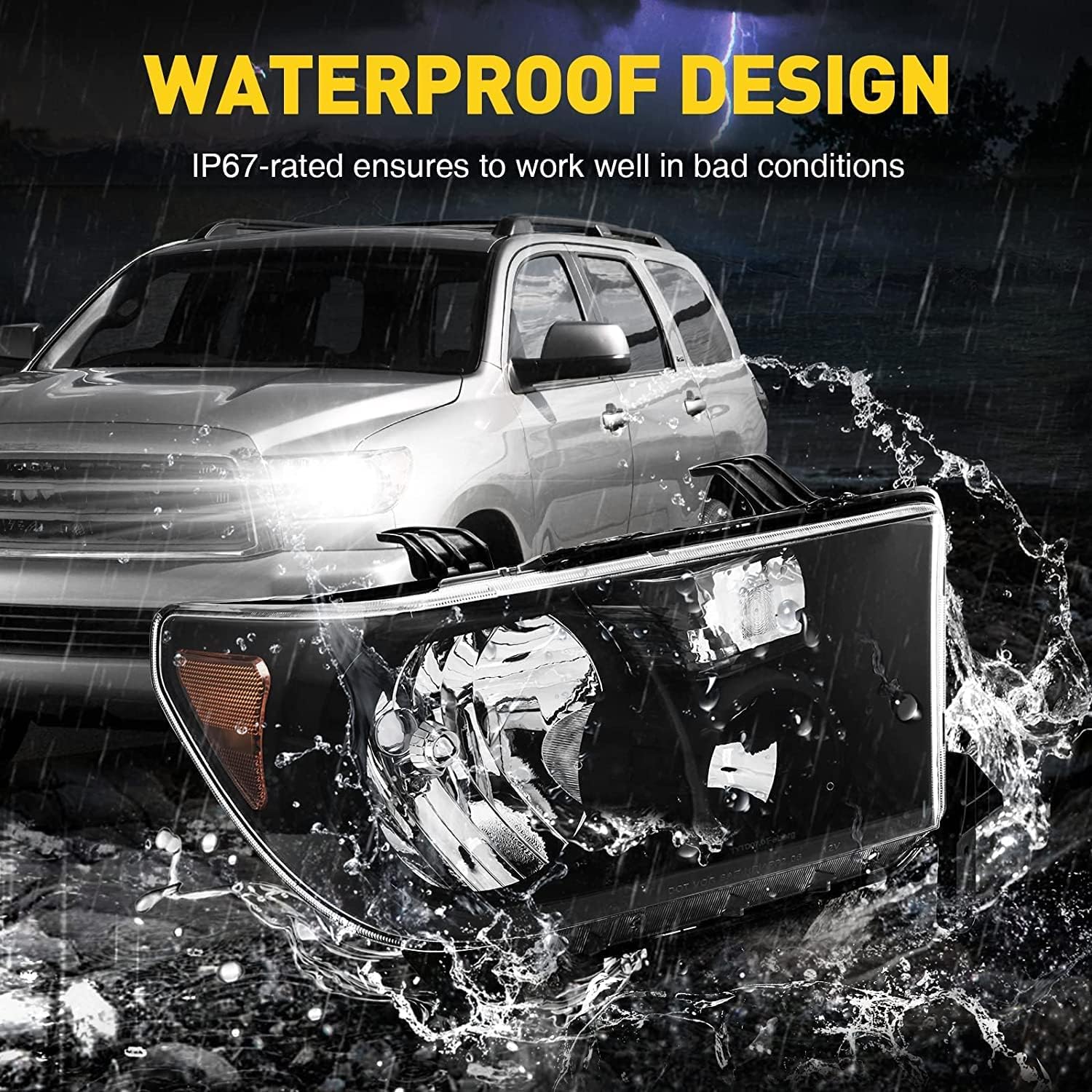 KAX Headlights Assembly Replacement for Tundra 2007-2013, Sequoia 2008-2017, OE Headlamp Black Housing Clear Lens Amber Reflctor Driver and Passenger Side