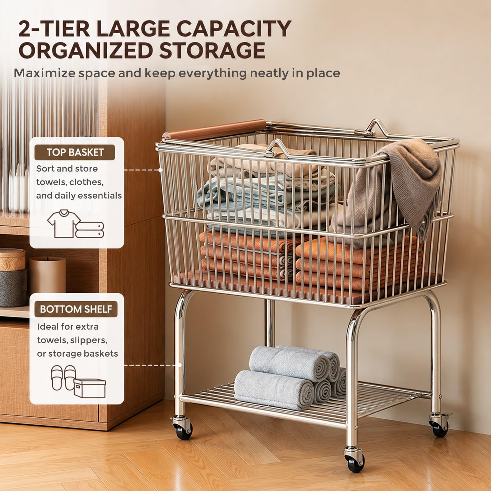 Carrello Portabiancheria Mobile A 2 Livelli, Cesto In Metallo Con Ruote | Manici in legno, ruote girevoli 360°, ideale per bagno, camera e lavanderia(B)