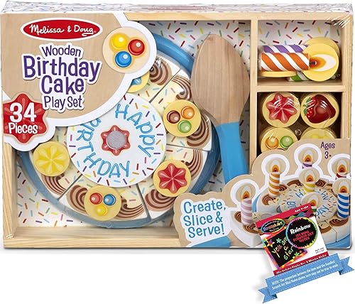 Melissa & Doug Fiesta de cumpleaños: juego de madera de 34 piezas con 1 tema compatible con M&D Scratch Art Mini Pad (00511)