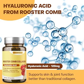 Rooster Comb Collagen, Natural Hyaluronic Acid Supplement for Joint Support, Mobility & Skin Hydration 120mg 60 Capsule