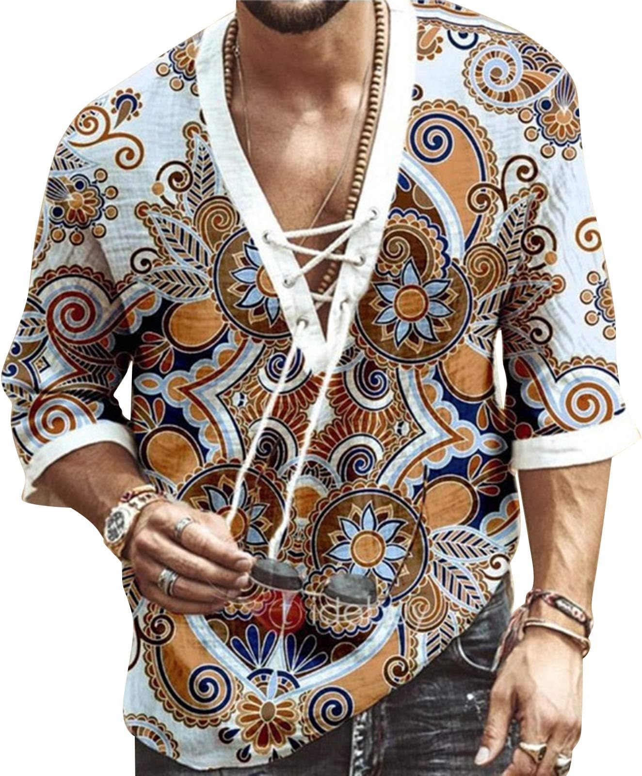 Men's Fashion Shirt Short Sleeve Beach V-Neck Drawstring Printing Yoga African Summer Top
