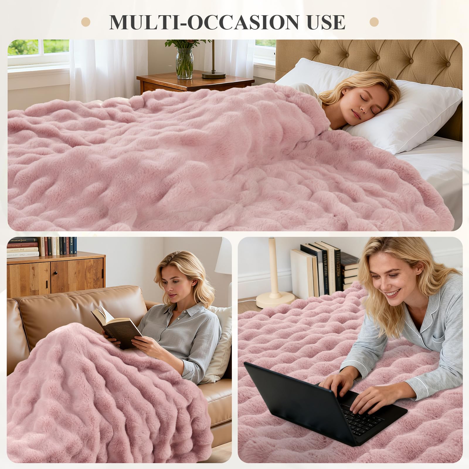 Enyhom Bubble Decke 152x203 cm Rosa, Kaninchen Fellimitat Flauschig Weiche Warme Kuscheldecke, Sofadecke für Sofa Couch Bett Haustier Schlafzimmer Wohnzimmer Deko