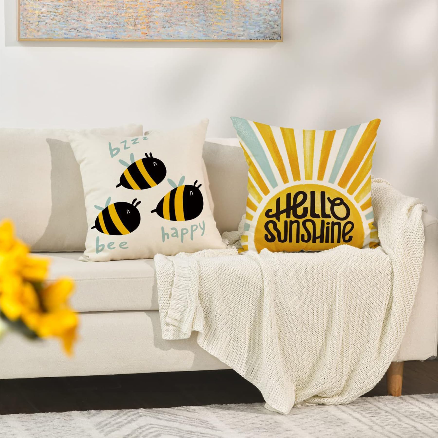 Set 4 Federe Per Cuscini 45x45 Cm A Forma Di Ape | Cuscini Decorativi Con Motivo Api, Per Divano E Esterni