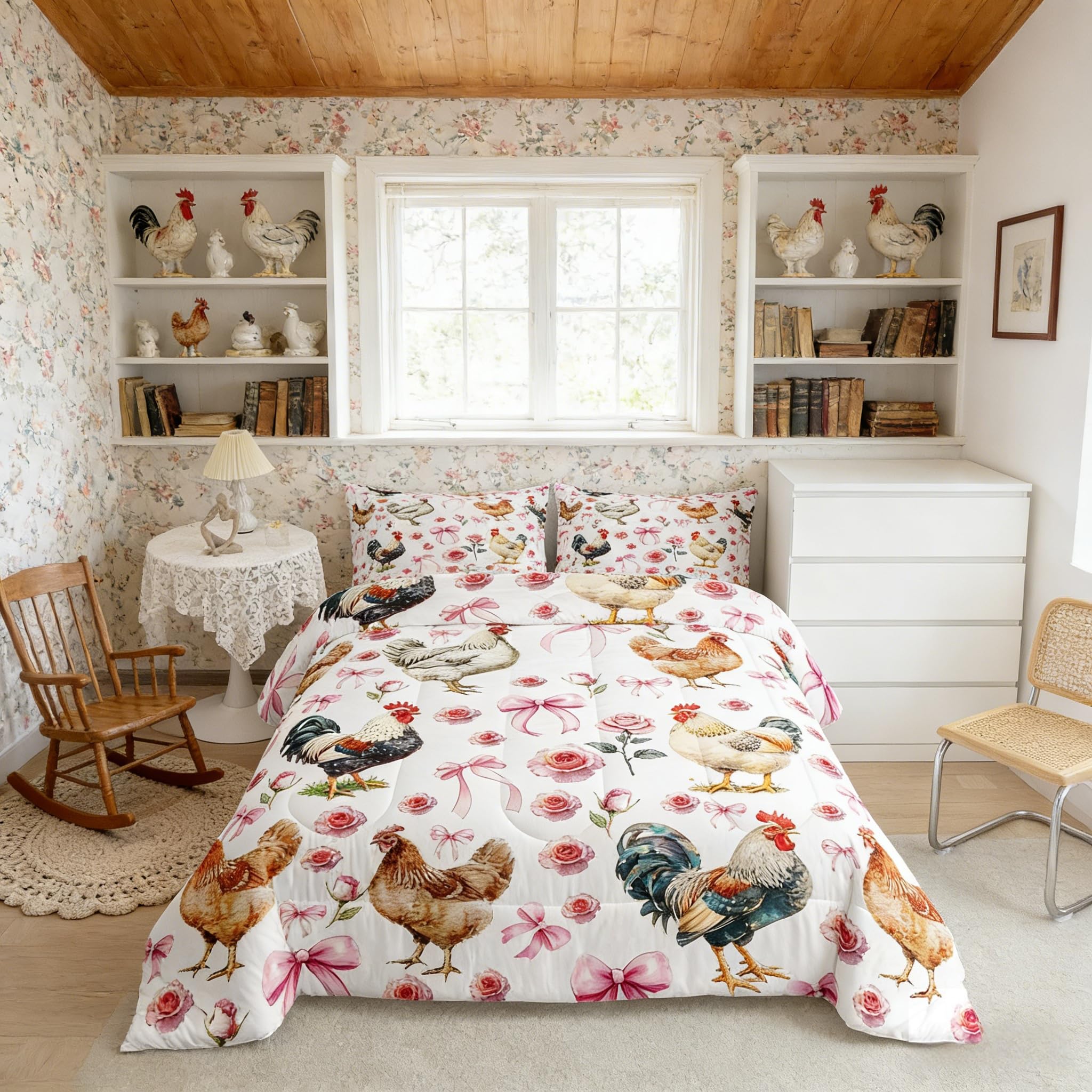 Parure de lit rustique coq et roses avec couette double et deux taies d'oreiller pour enfant
