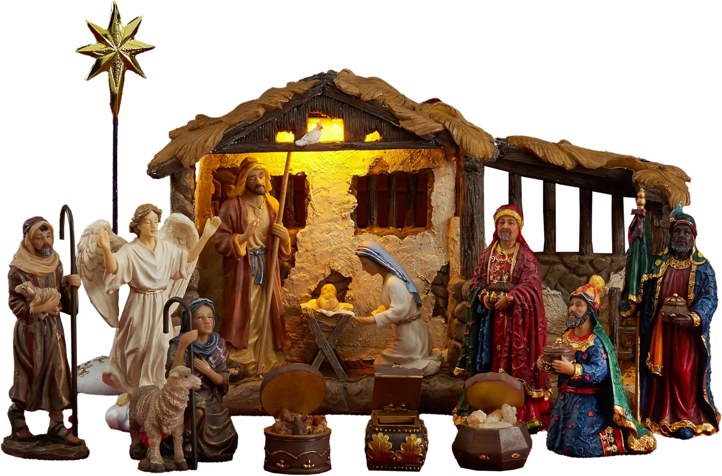 Three Kings Gifts Nativity Set for Christmas Indoor 23 Piece 5 Inch Figures with Lighted Stable, Palm Tree and Chests of Gold, Frankincense and Myrrh