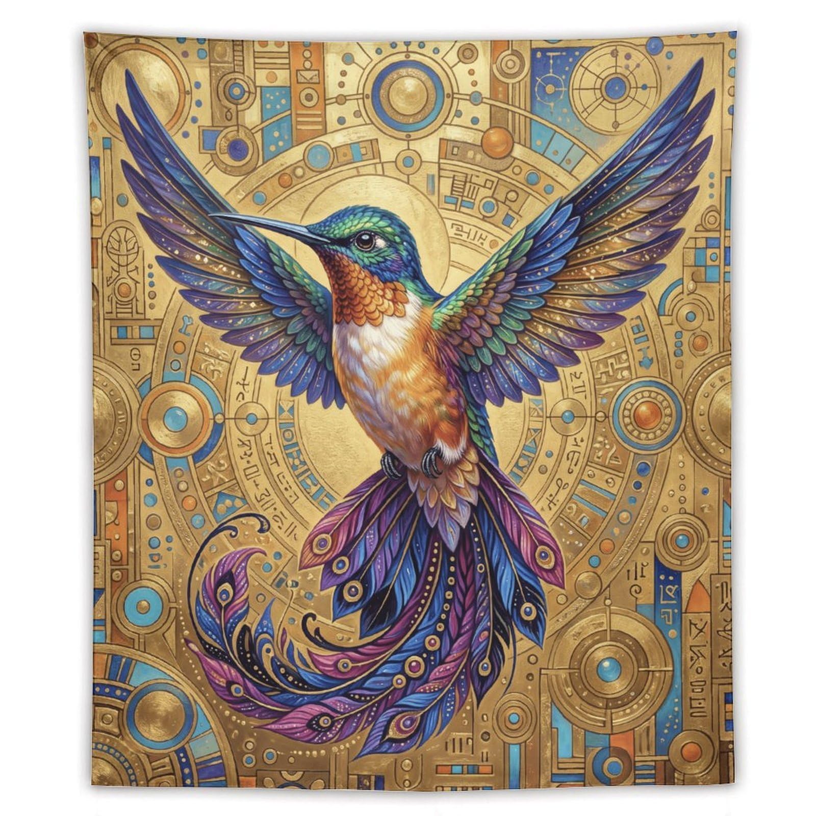W7C8U2X3 Ornate Golden Hummingbird Wall Tapestry, Oil Painting
