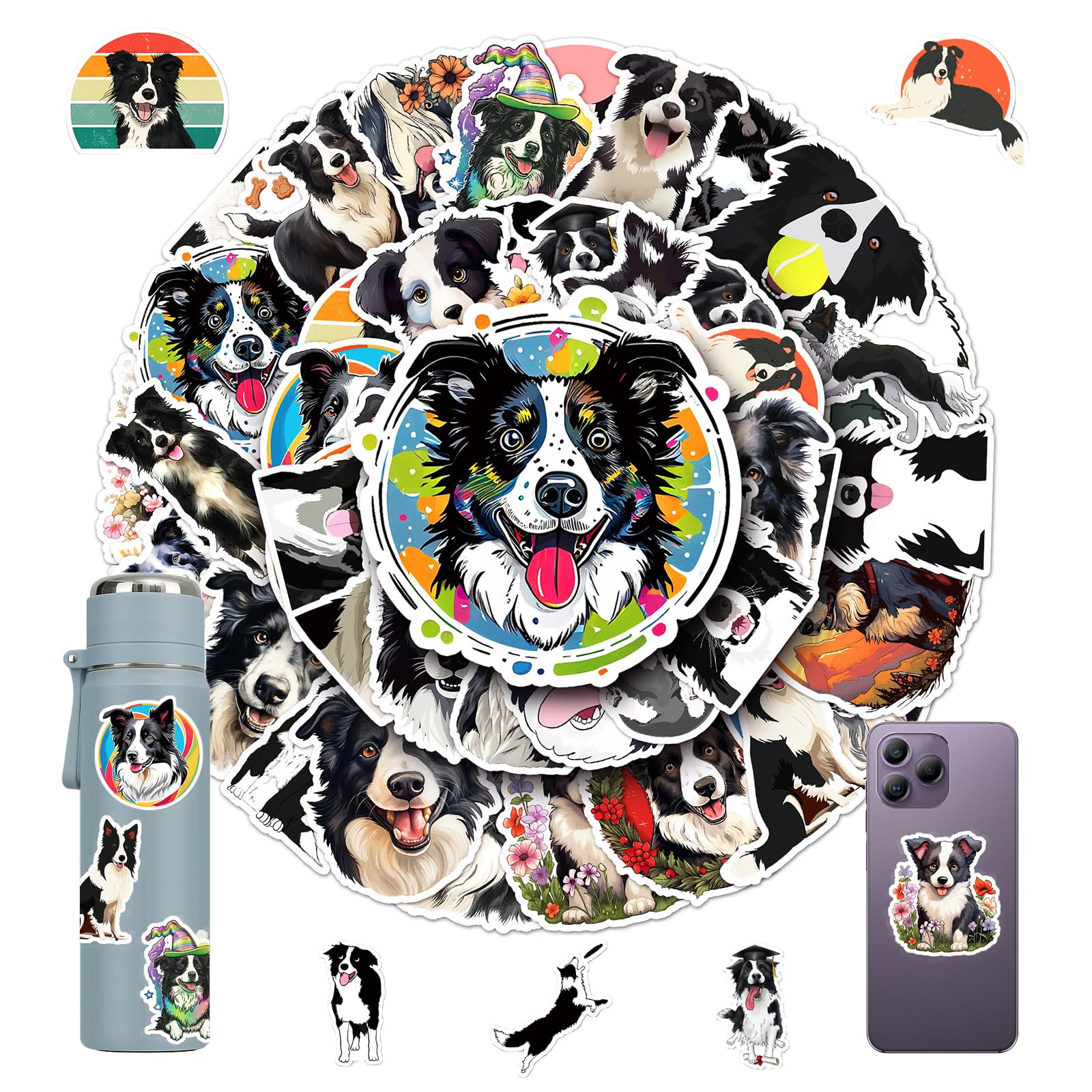 50Pcs Border Collie Dogs Stickers Cute Border Collie Pets Dog Vinyl Waterproof Decals for Decor Laptop Water Bottle Phone Window Scrapbook Kids Teens