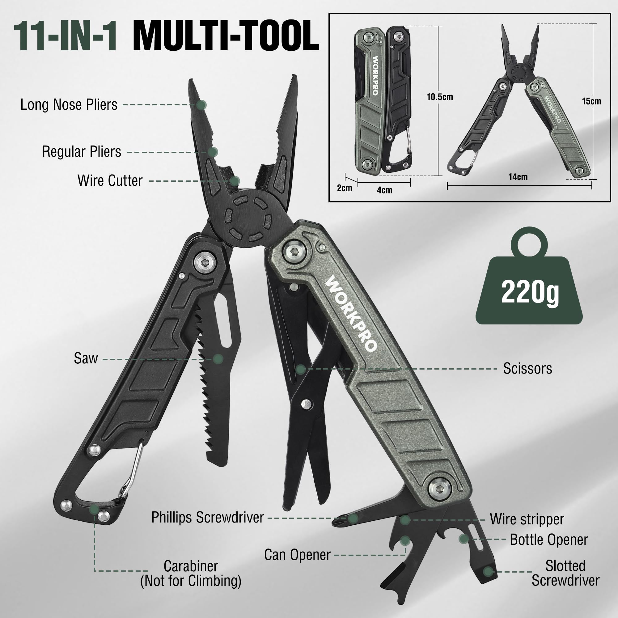 WORKPRO 11-in-1 Multi-Tool Pliers with Carabiner and Sheath, Stainless Steel Multi Tool with Carrying Bag, Scissors - Image 2