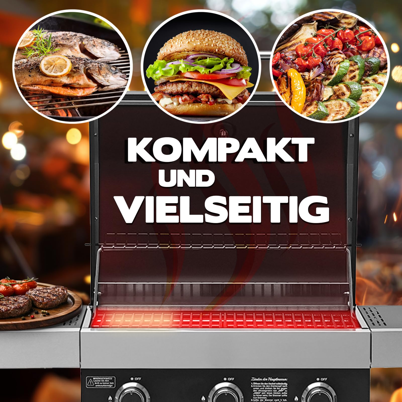 TAINO WABAYA 3+0 Gasgrill Grillwagen 3 Brenner Keramik Sear-Burner Piezo-Zündung Thermometer Warmhalterost Schwarz Matt