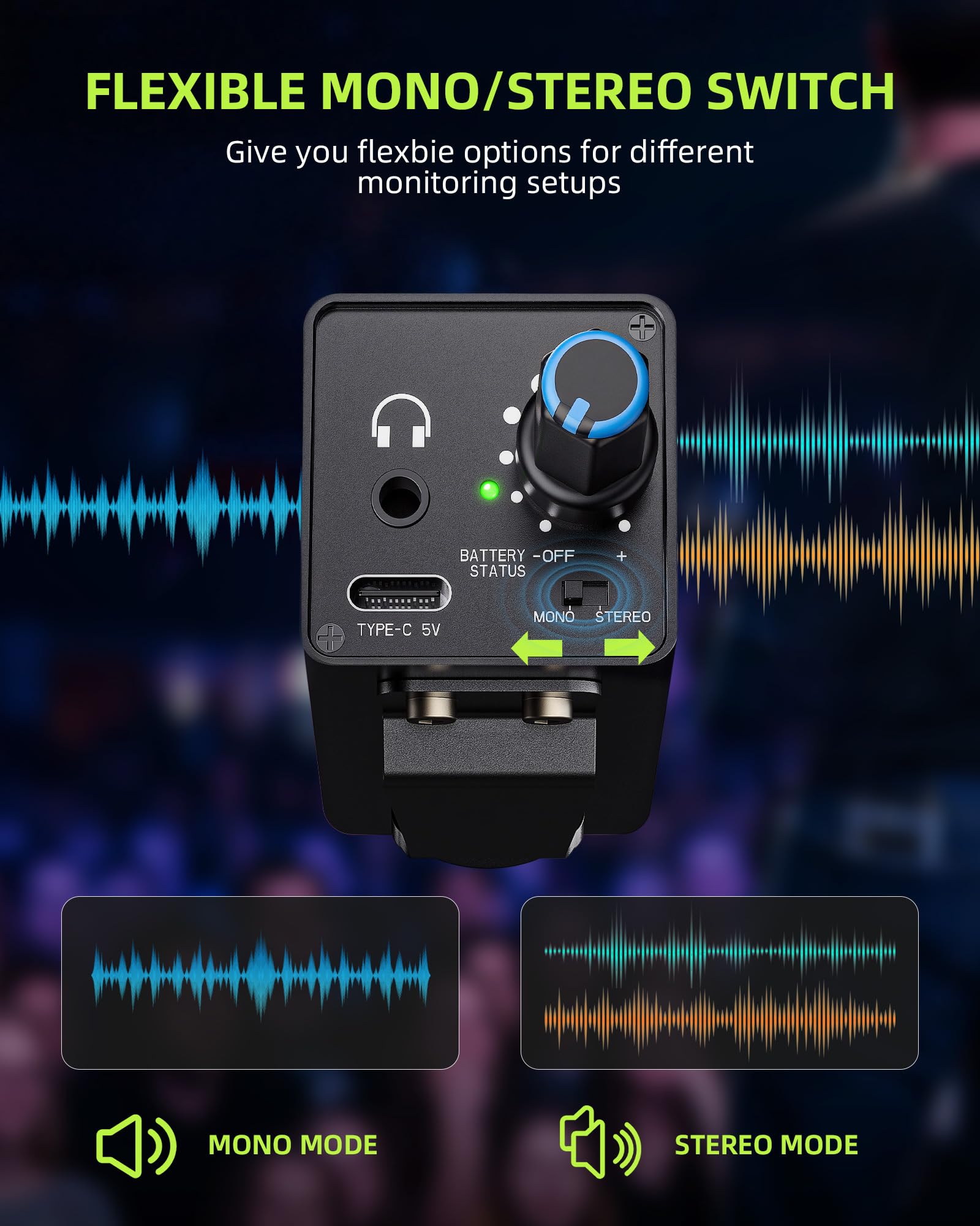LEKATO Amplificador de Monitor Recargable, Amplificador de Auriculares con Selector Estéreo/Mono, Entrada XLR/TRS, Práctico Clip para Cinturón