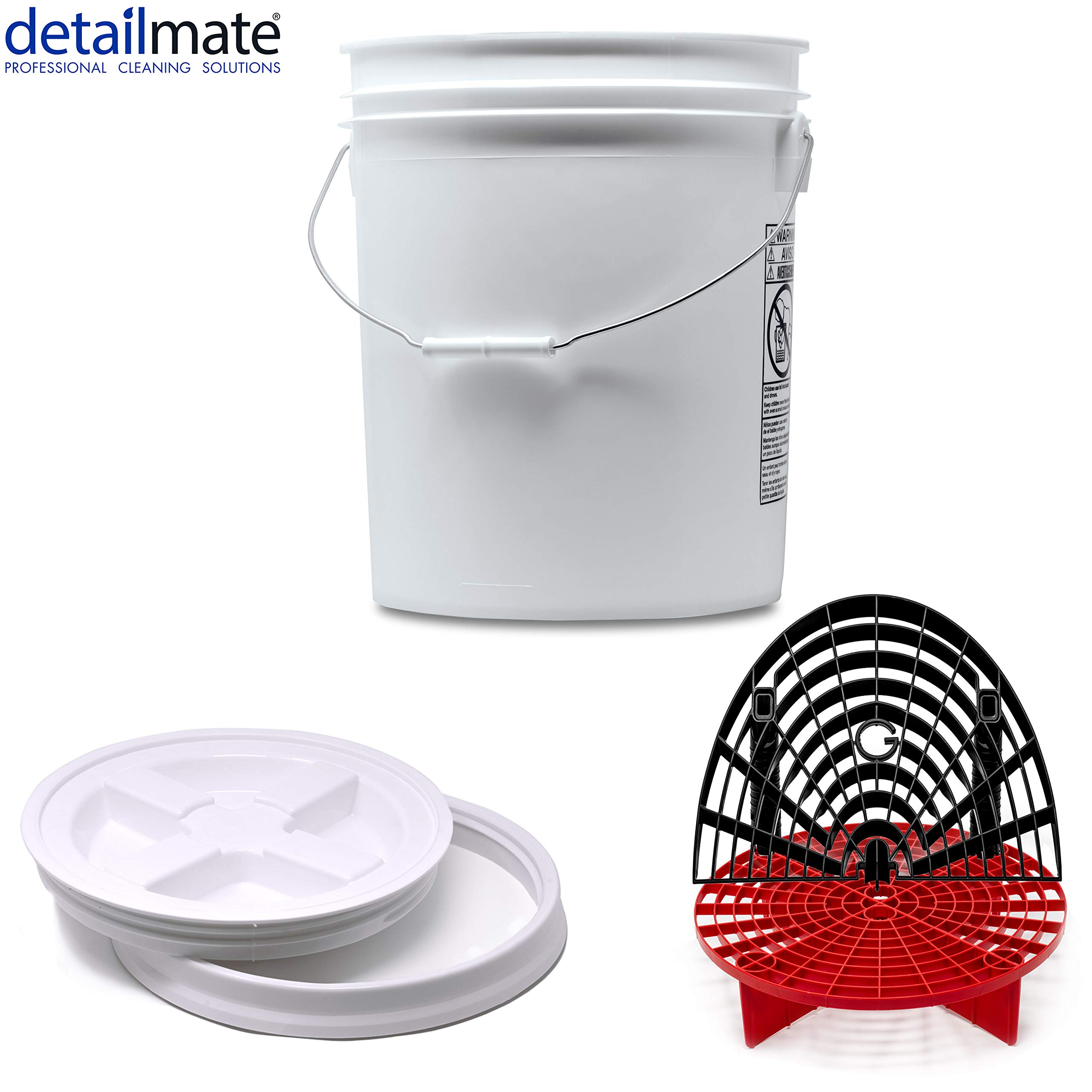 Detailmate professionelles Wasch Eimer Set: Magic Bucket Wascheimer 5 GAL (ca. 20 Liter), Gamma Seal Eimerdeckel weiß, GritGuard Schmutz Einsatz rot, GritGuard Washboard schwarz