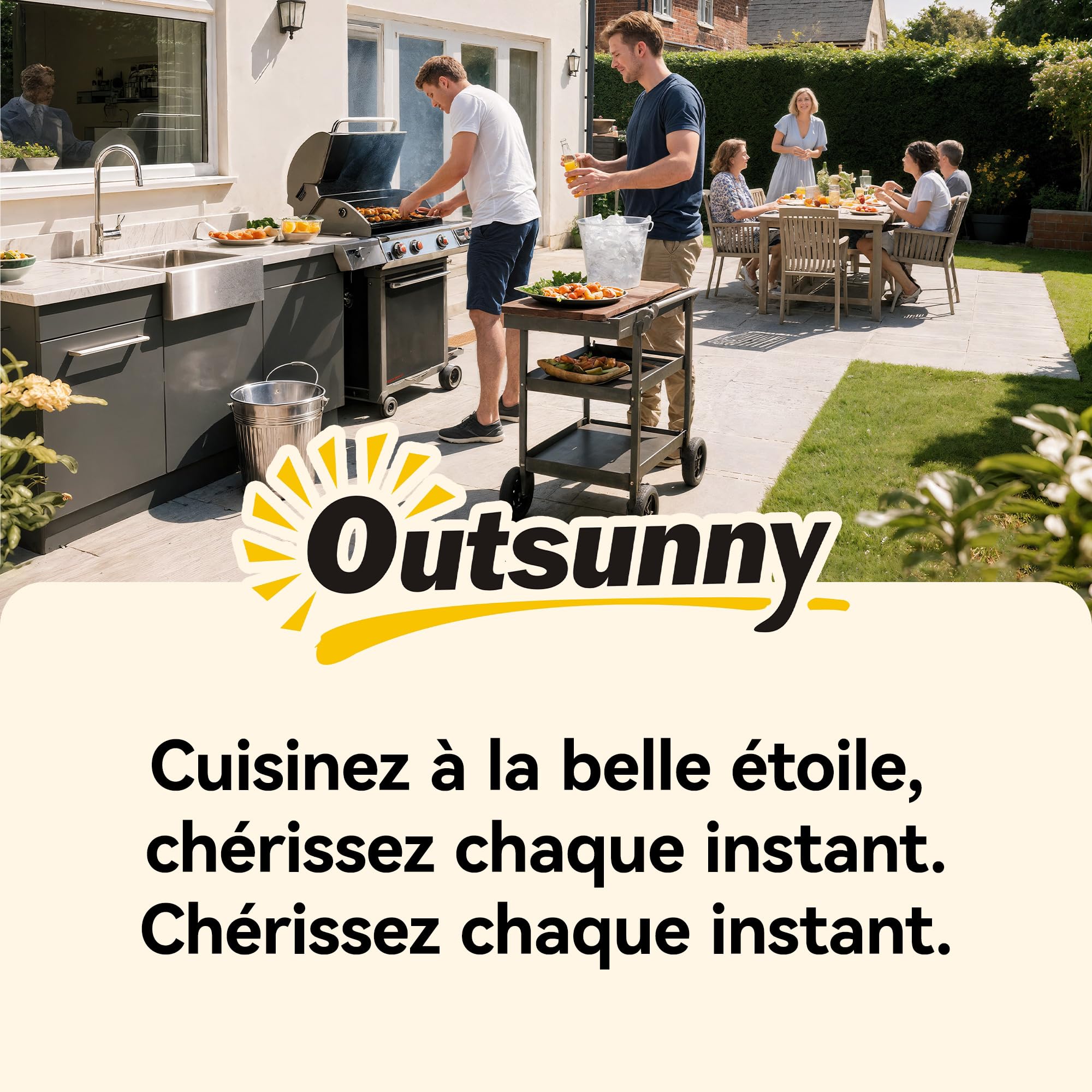 Outsunny Desserte jardin chariot barbecue 2 niveaux plateau métal aspect bois porte-boissons crochets 97x51x83 cm noir marron